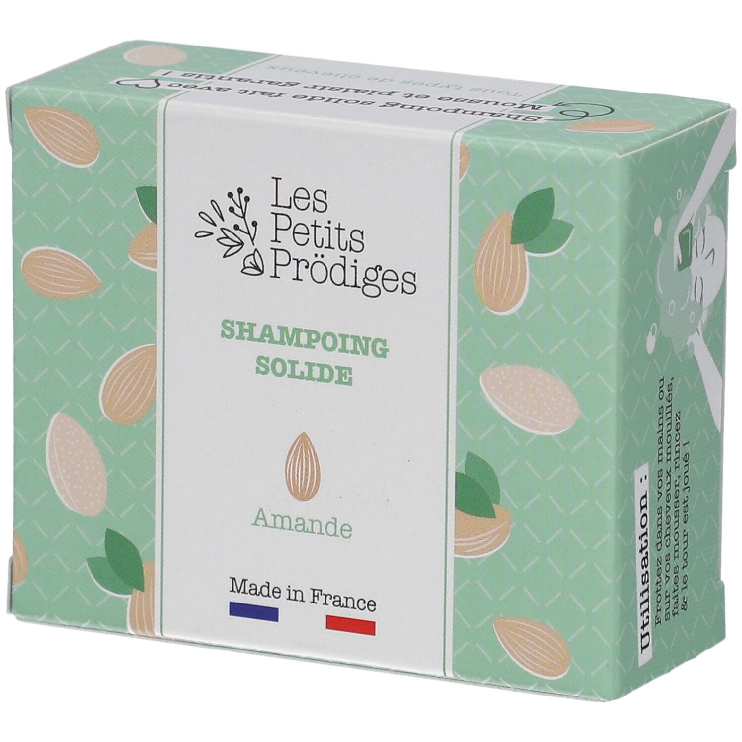 Boîte de shampoing solide Amande. Marque : Les Petits Prödiges. Décor amandes. Drapeau français.