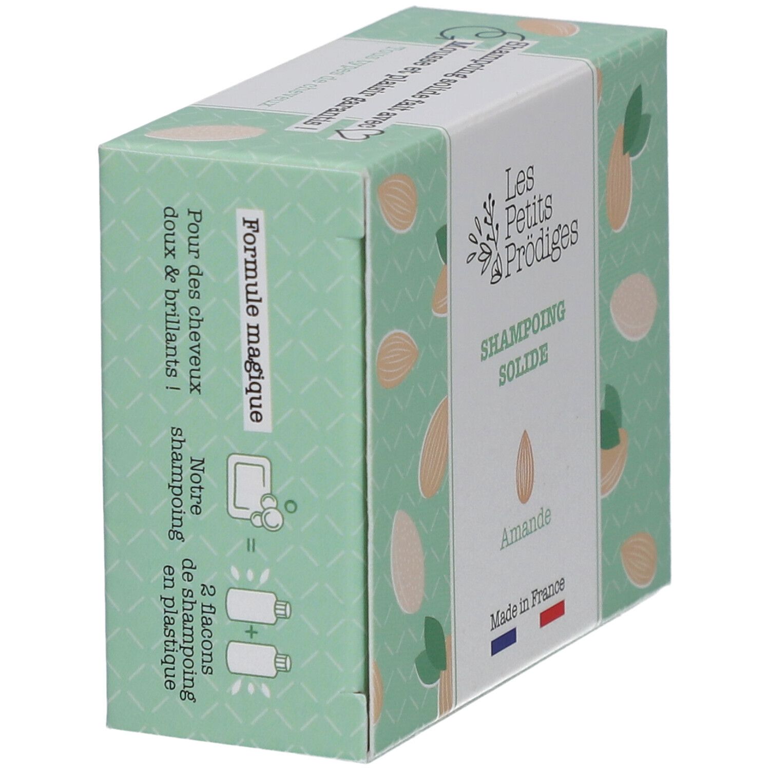 Boîte de shampoing solide Amande. Marque : Les Petits Prödiges. Texte au dos. Drapeau français.