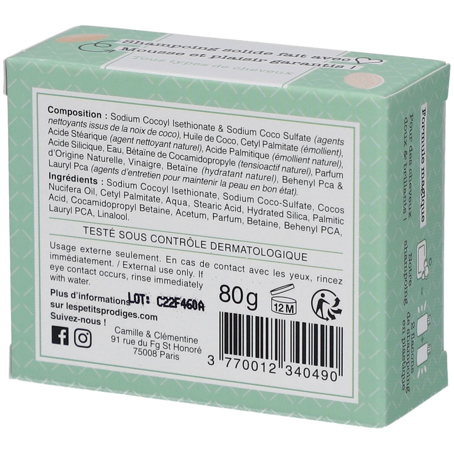 Dos de la boîte. Ingrédients, texte, logo, 80g, symbole 12M. Adresse et code-barres.
