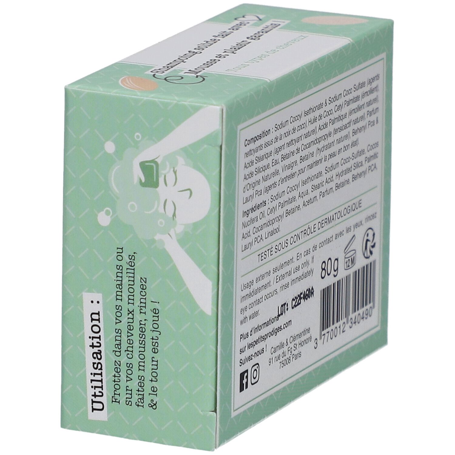 Boîte de produit. Texte : Utilisation. Illustration. Ingrédients. 80g. Symbole 12M. Adresse et code-barres.