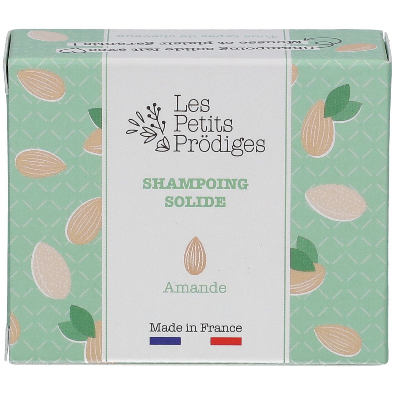 Boîte de shampoing solide Amande. Marque : Les Petits Prödiges. Décor amandes. Drapeau français.