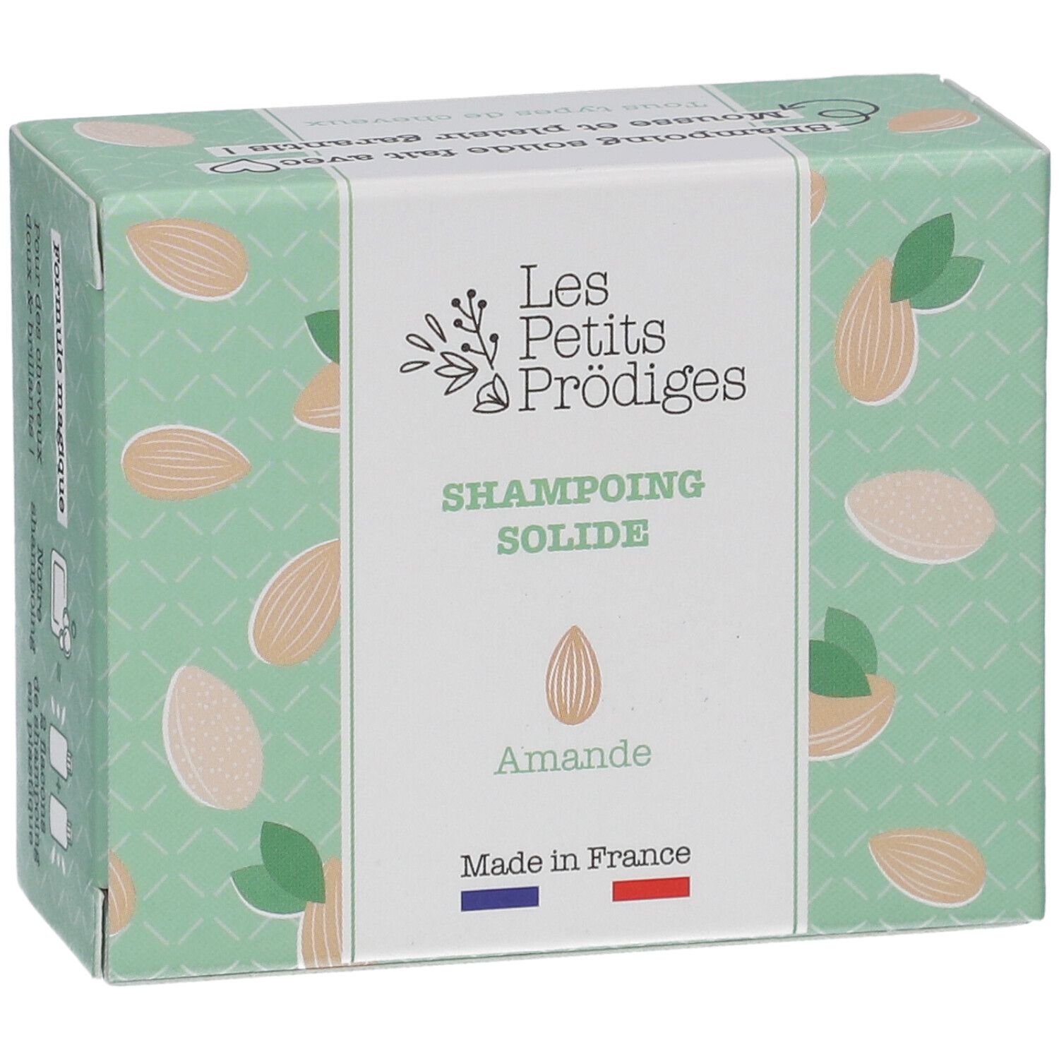 Boîte de shampoing solide Amande. Marque : Les Petits Prödiges. Décor amandes. Drapeau français.