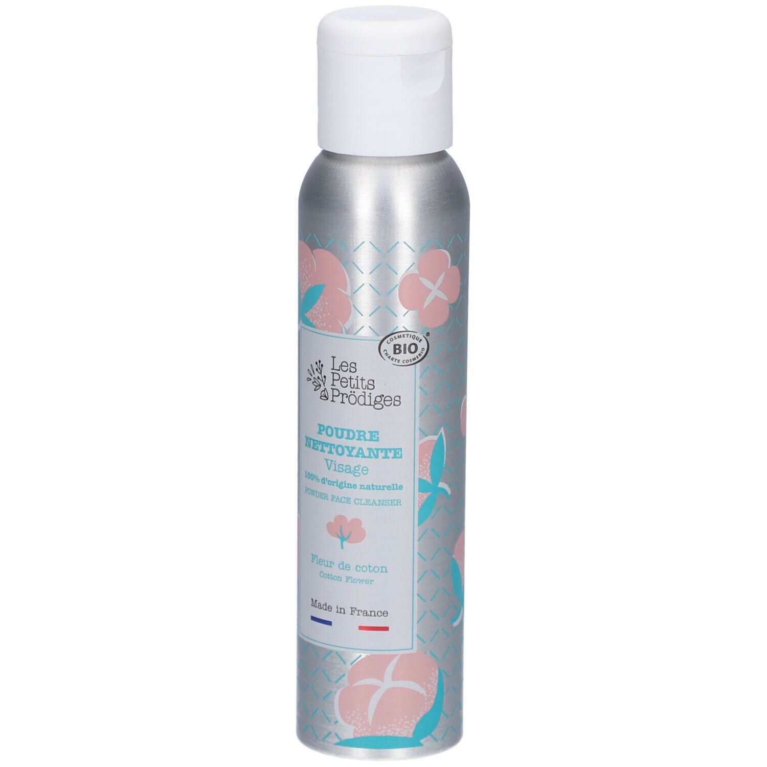Flacon argenté à bouchon blanc. Inscription: Poudre Nettoyante Visage, Fleur de coton. Certification Bio. Fabriqué en France.