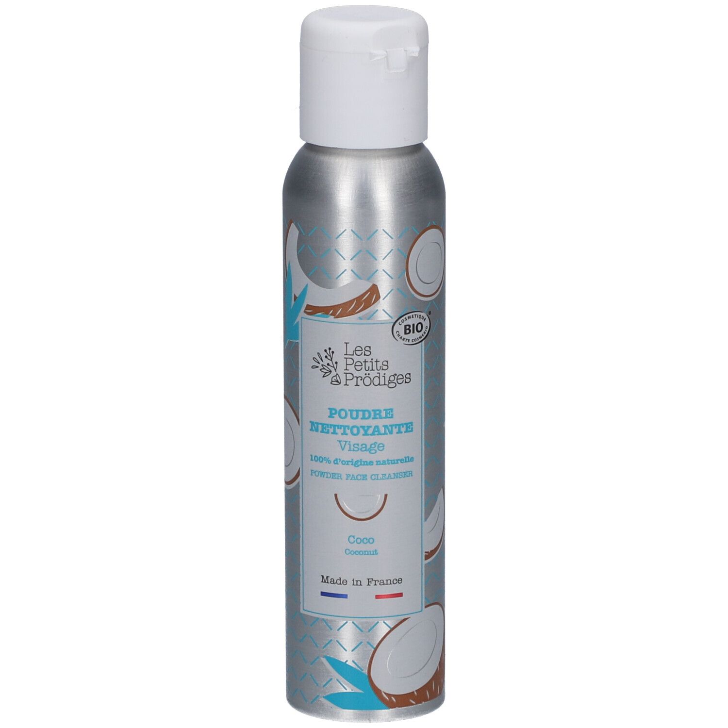 Zilveren fles met witte dop. Opschrift: Poudre Nettoyante Visage, Coco. Bio-label.