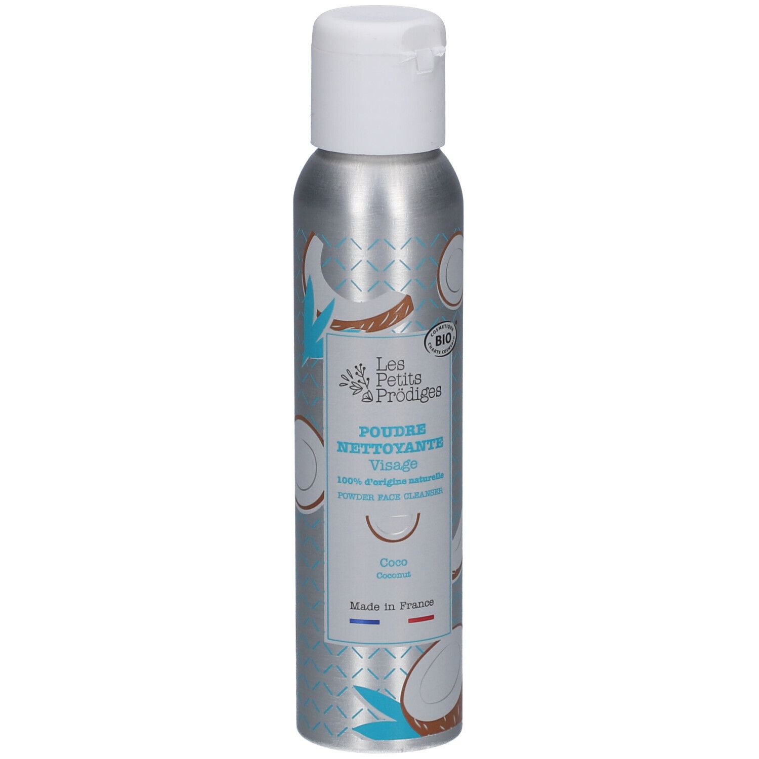 Zilveren fles met witte dop. Opschrift: Poudre Nettoyante Visage, Coco. Bio-label.
