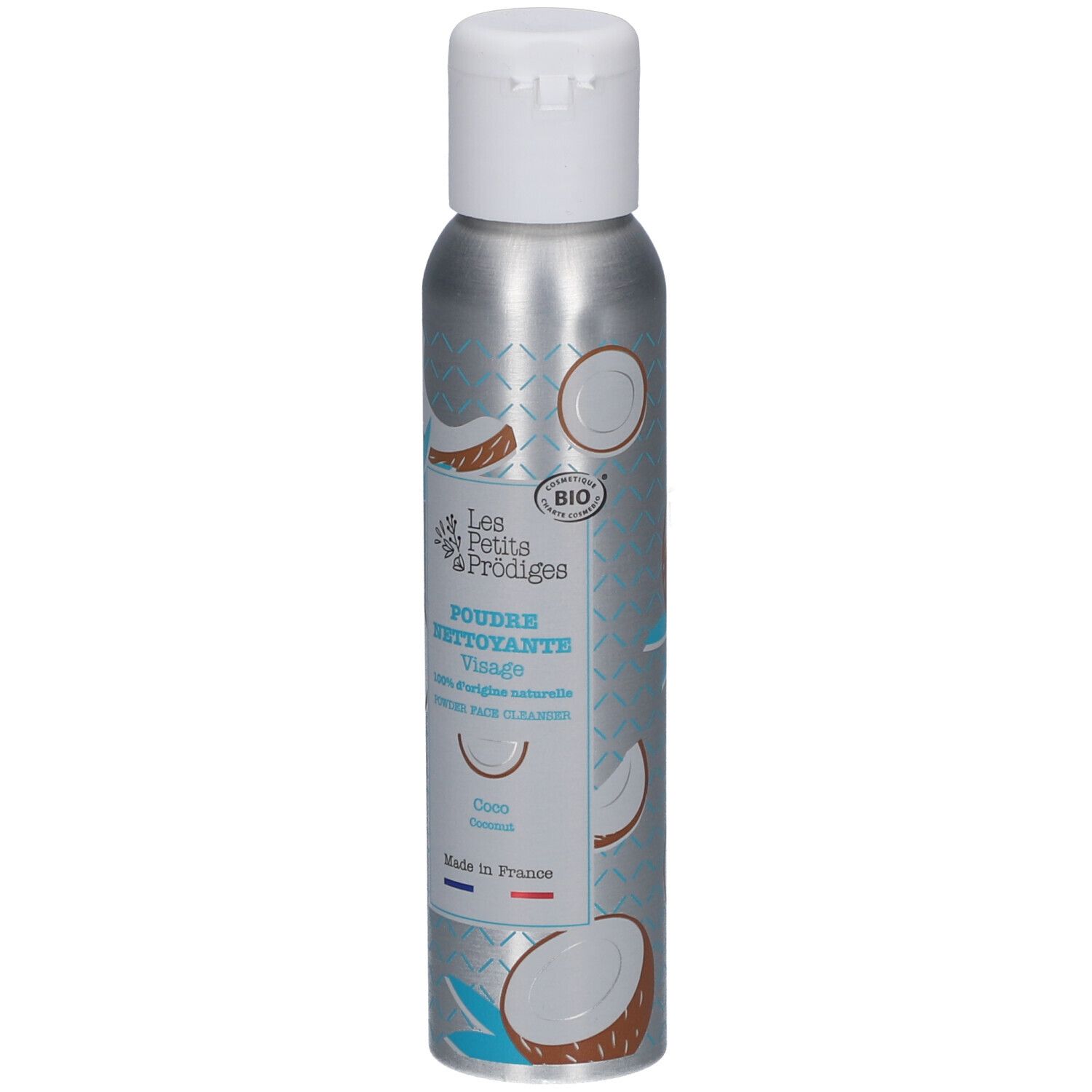 Zilveren fles met witte dop. Opschrift: Poudre Nettoyante Visage, Coco. Bio-label.