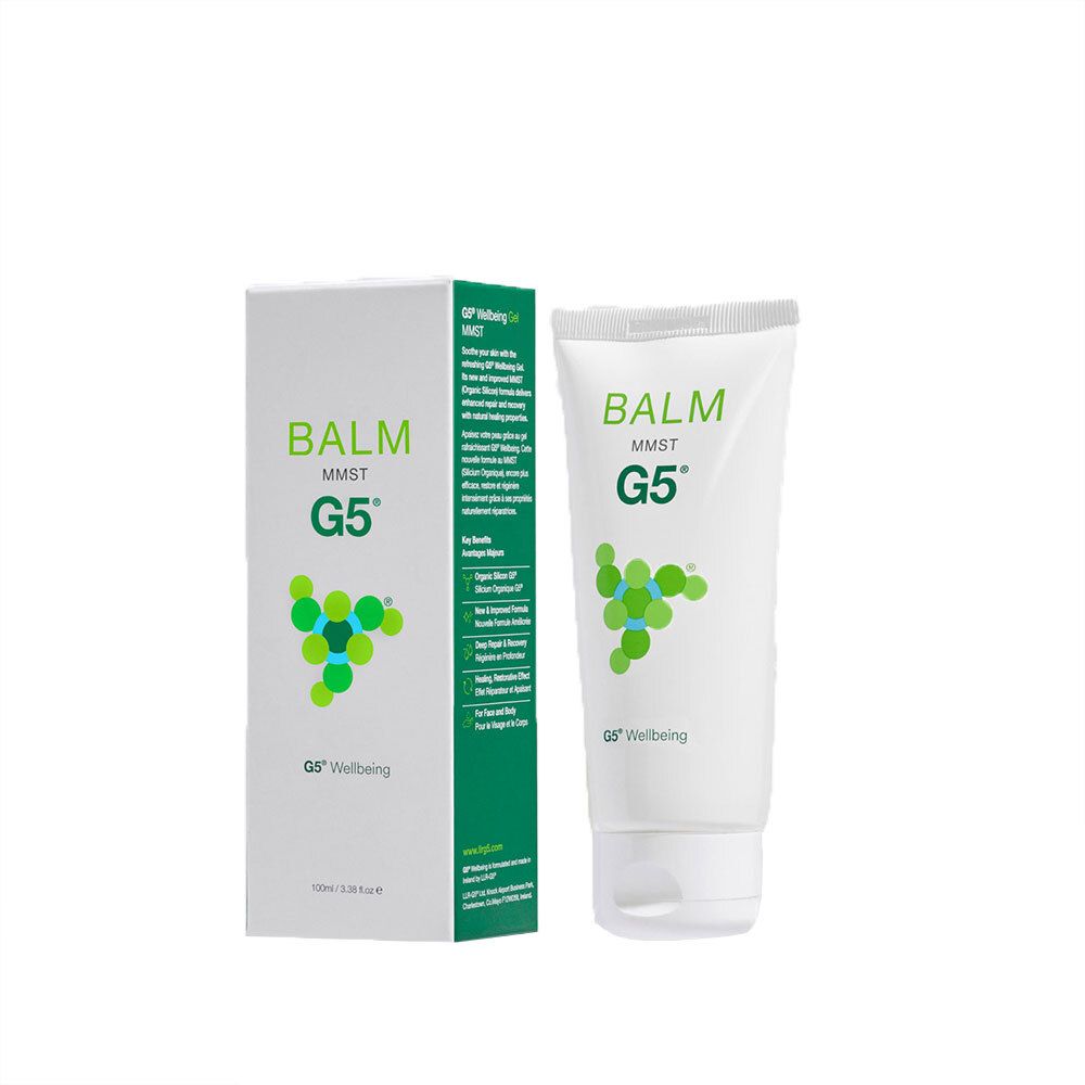 Tube et boîte blancs avec texte vert. Le tube porte "BALM MMST G5". La boîte affiche le même design.