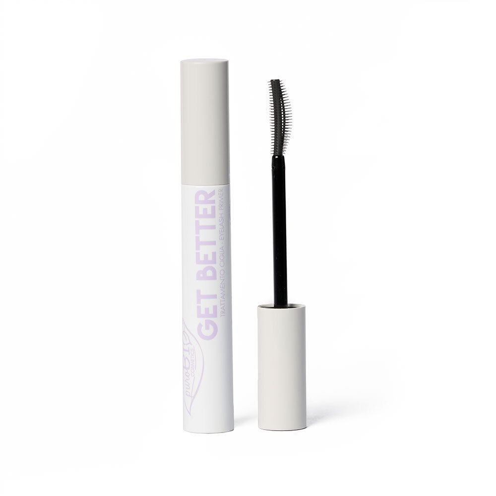 Mascara primer met borstel. Witte houder met paarse tekst GET BETTER. Zwarte borstel.