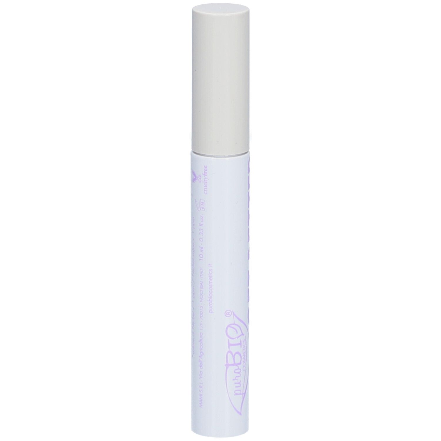 Witte mascara houder met dop. Paarse tekst en logo puroBIO.