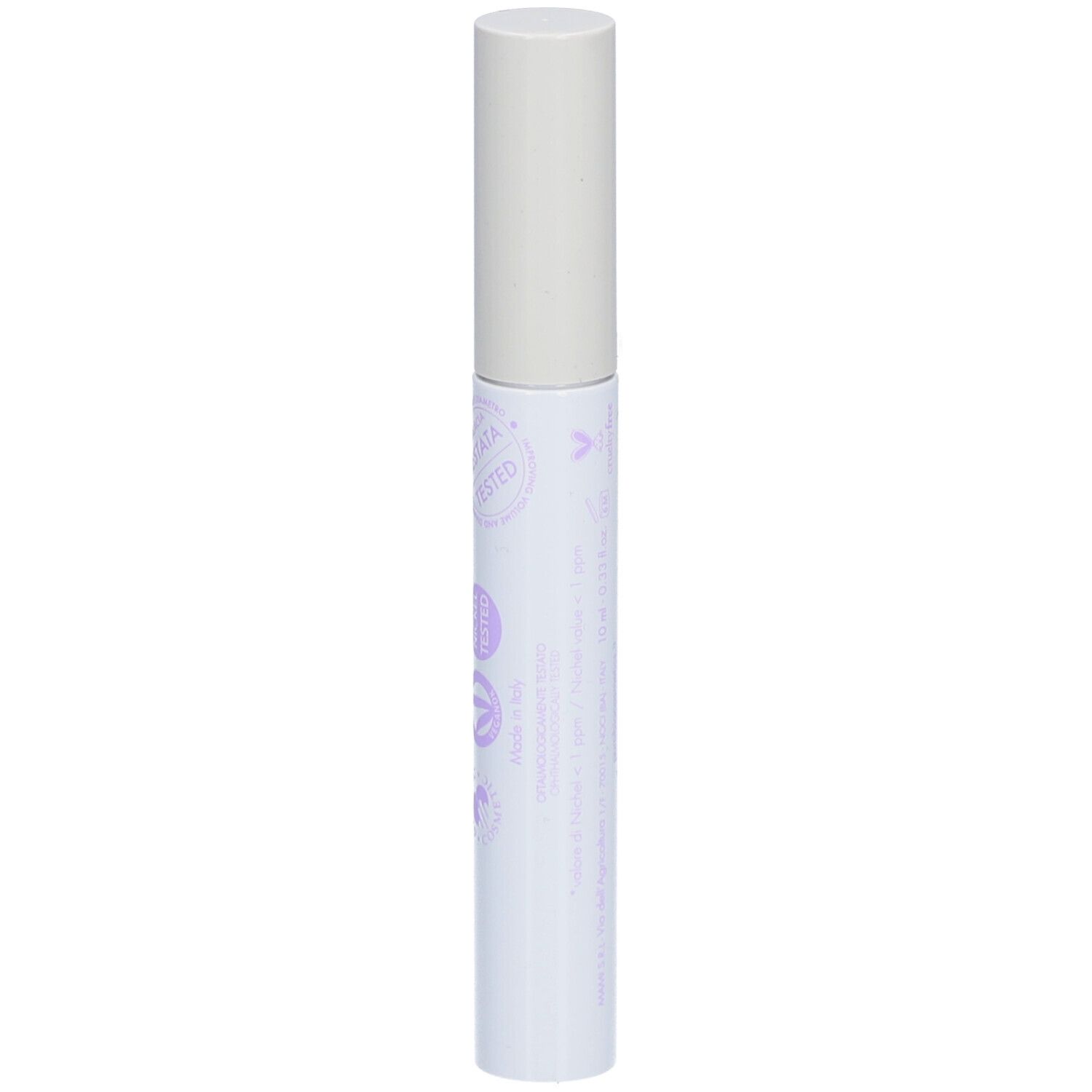 Witte mascara houder met dop. Paarse tekst en logo puroBIO.