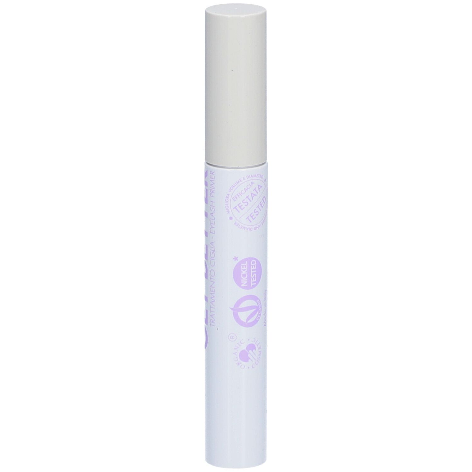 Witte mascara houder met dop. Paarse tekst en logo puroBIO.