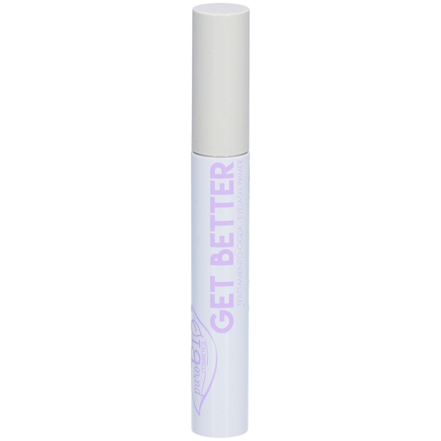 Witte mascara houder met dop. Paarse tekst GET BETTER en logo puroBIO.