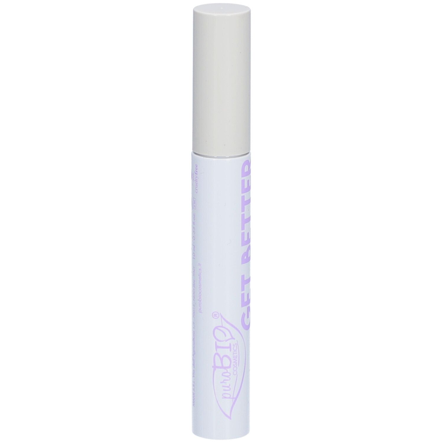 Witte mascara houder met dop. Paarse tekst GET BETTER en logo puroBIO.