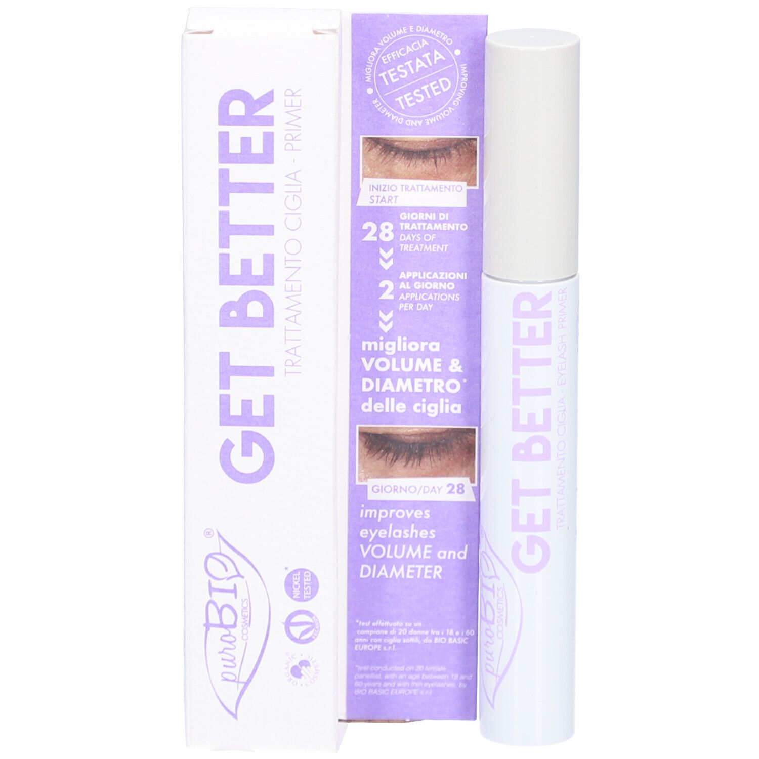Productverpakking met mascara. Tekst: GET BETTER, puroBIO. Paarse achtergrond.