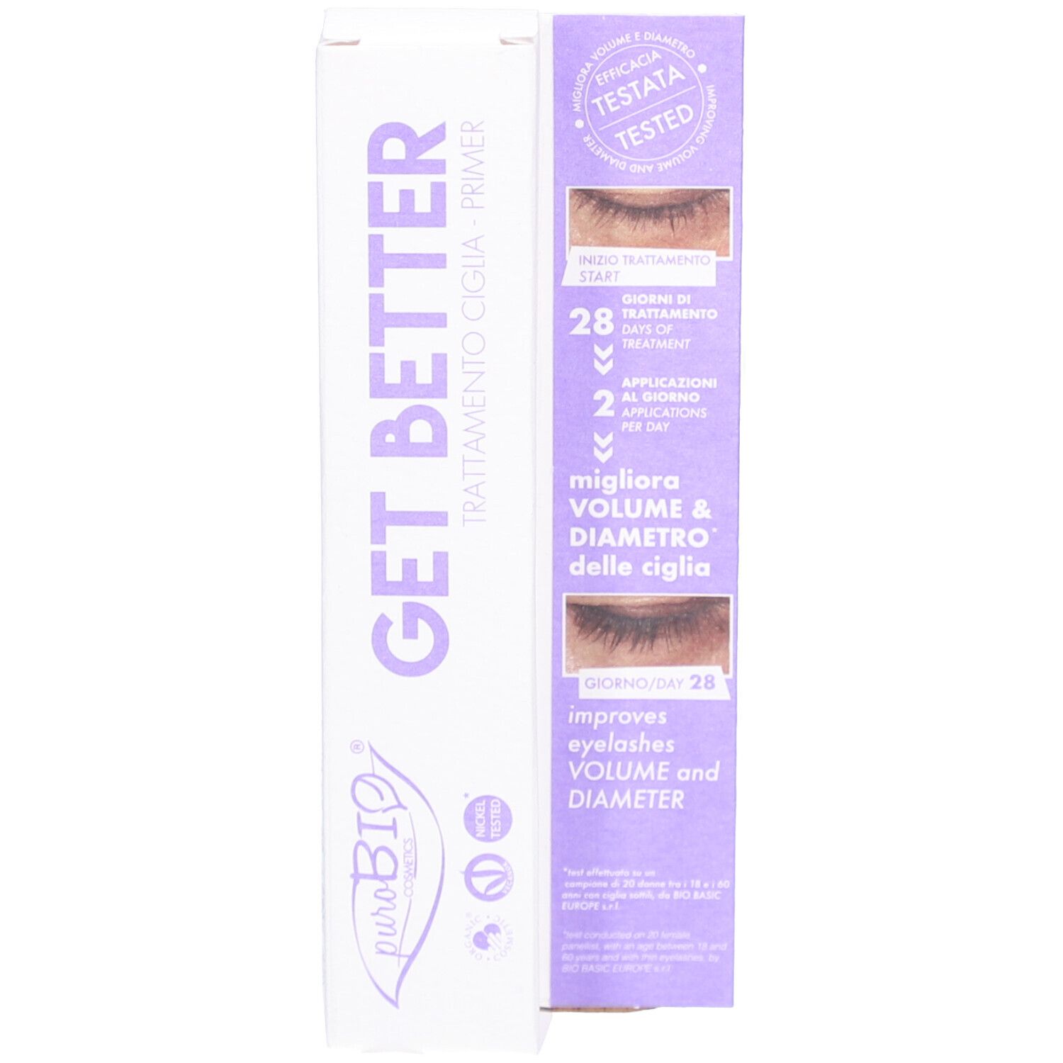 Productverpakking met mascara. Tekst: GET BETTER, puroBIO. Paarse achtergrond.