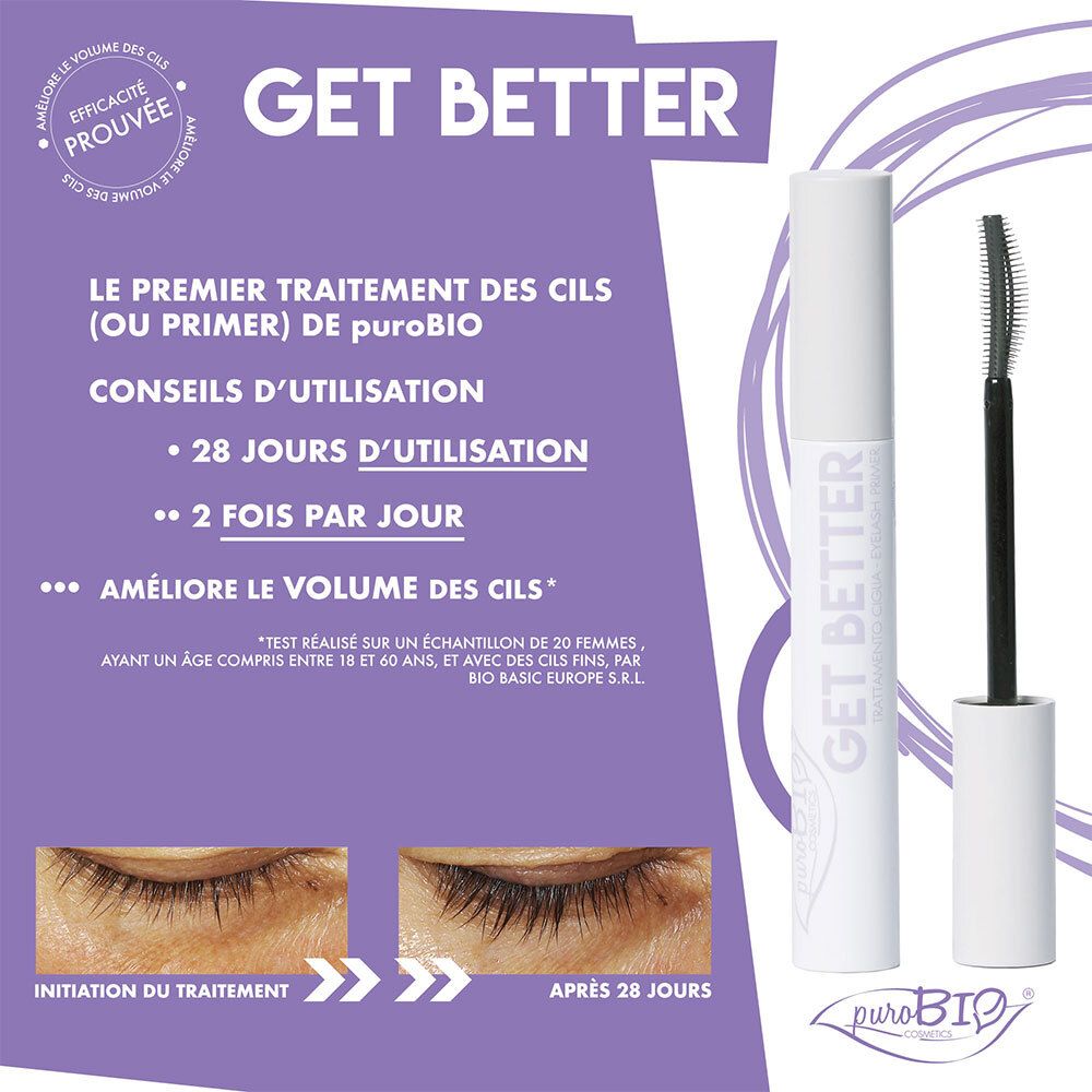 Productverpakking met mascara en borstel. Tekst: GET BETTER, puroBIO. Paarse achtergrond.