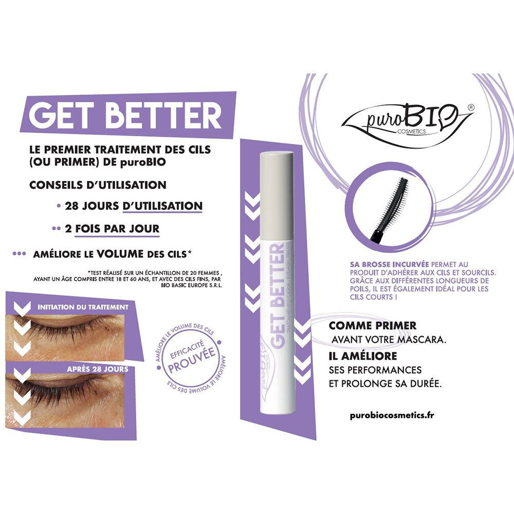 Productverpakking met mascara en borstel. Tekst: GET BETTER, puroBIO. Paarse achtergrond.