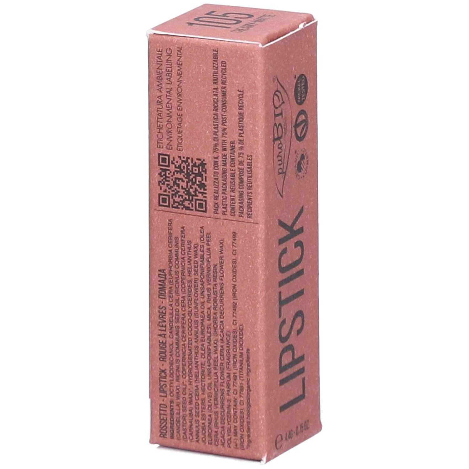 Verpakking voor lipstick. Roze doos met productinformatie. Merk PUROBIO en kleurnummer 105 zichtbaar.