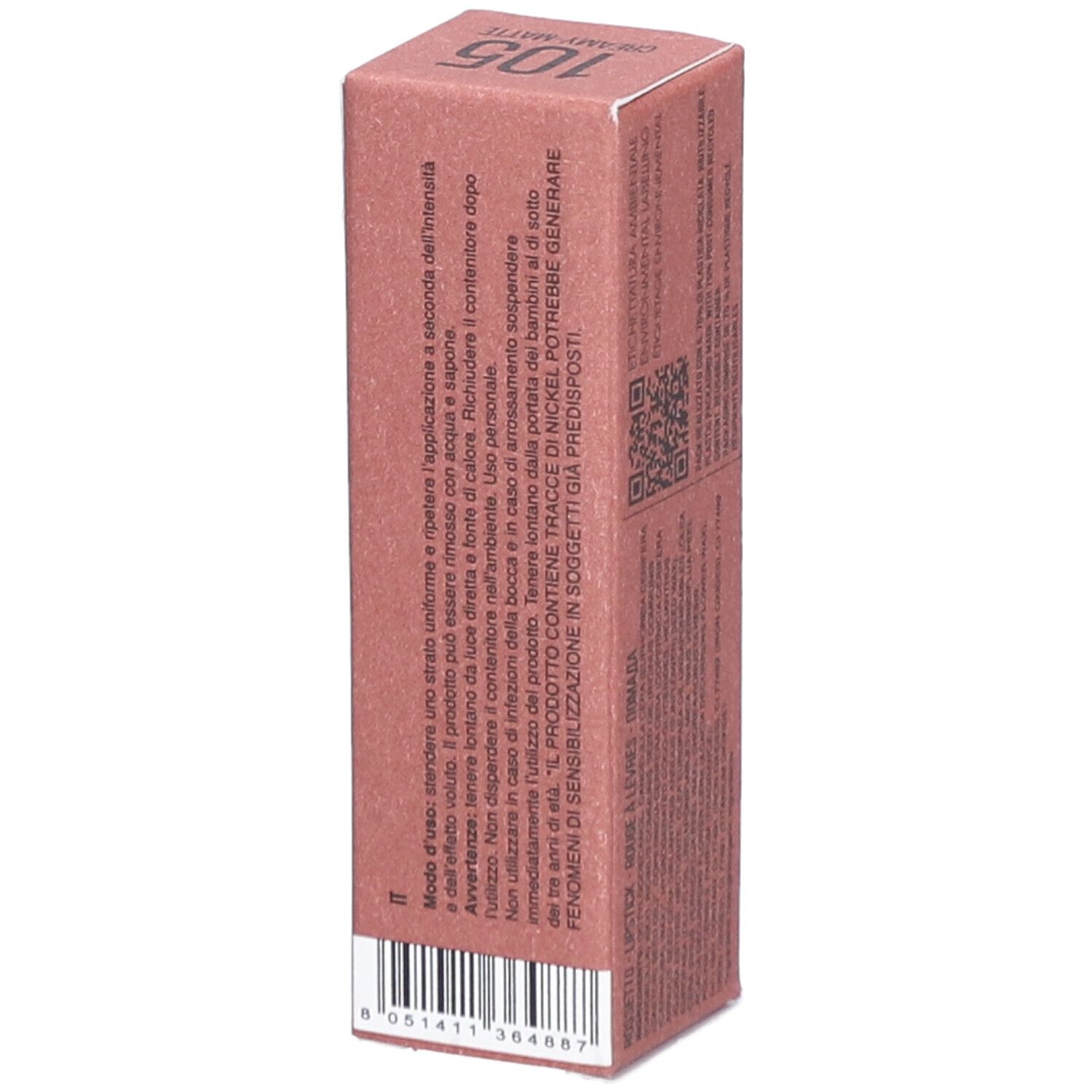 Verpakking voor lipstick. Roze doos met productinformatie. Merk PUROBIO en kleurnummer 105 zichtbaar.