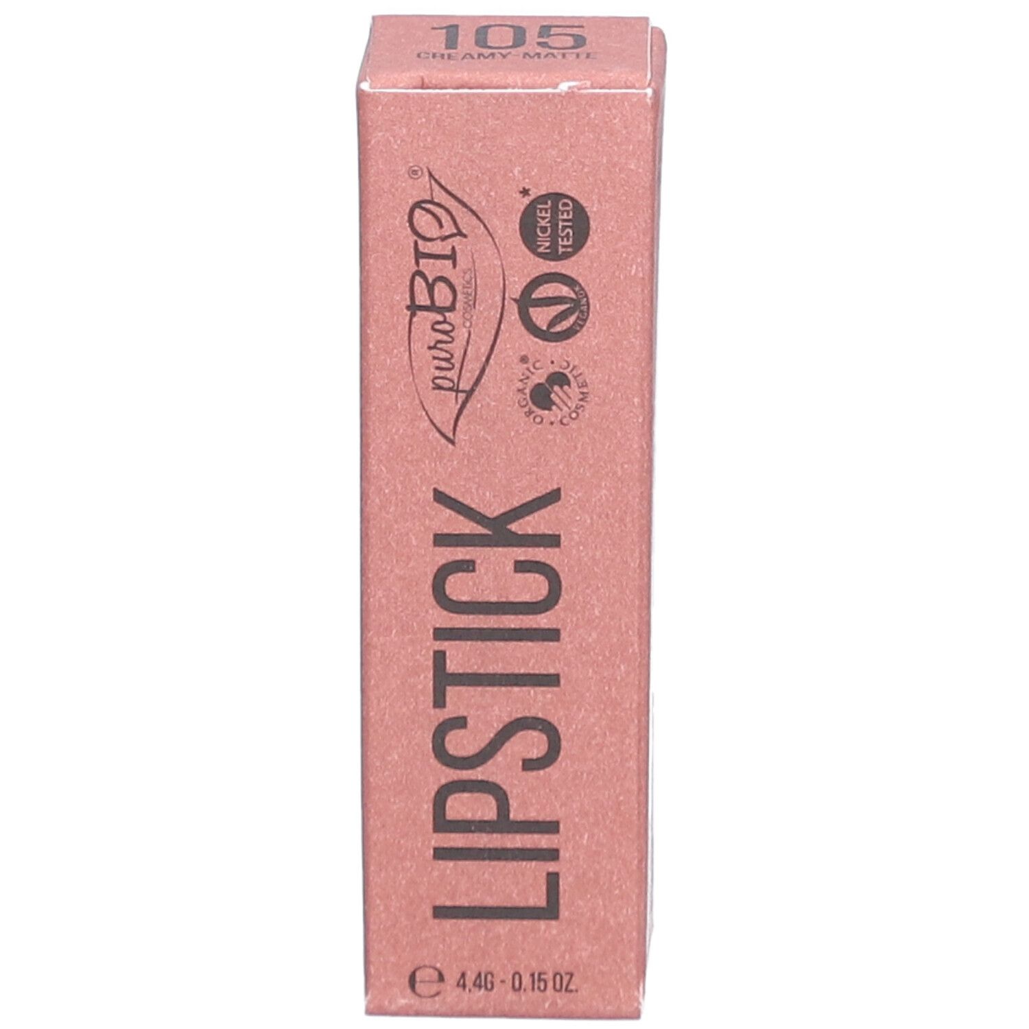Verpakking voor lipstick. Roze doos met productinformatie. Merk PUROBIO en kleurnummer 105 zichtbaar.