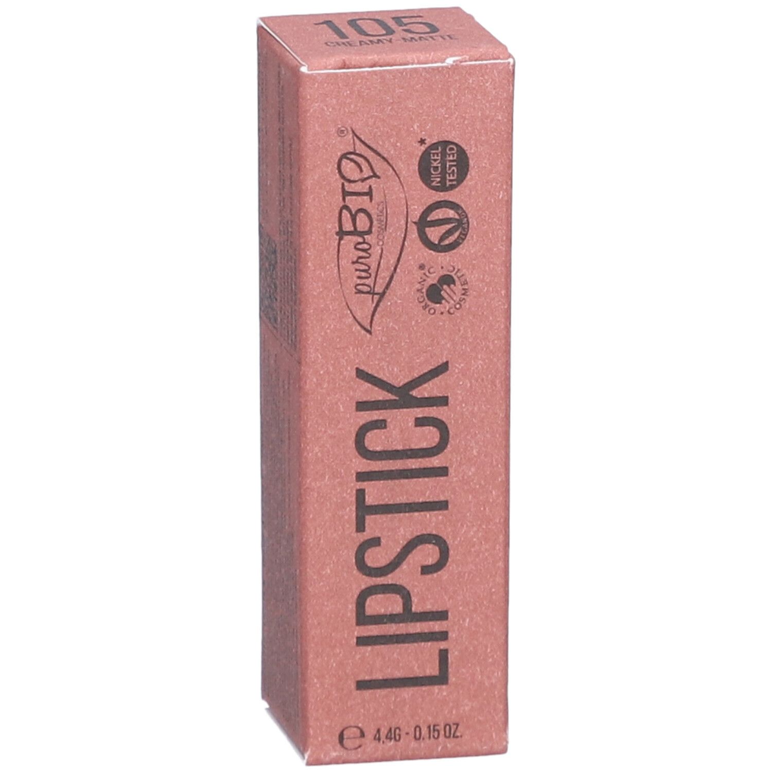 Verpakking voor lipstick. Roze doos met productinformatie. Merk PUROBIO en kleurnummer 105 zichtbaar.