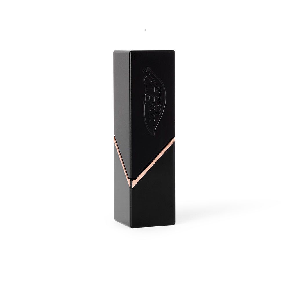 Zwarte, hoekige lipstick huls met gouden details. Merk PUROBIO in reliëf op de huls.