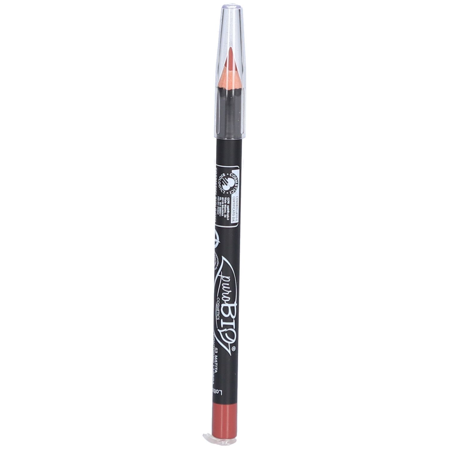 Lipliner met transparante dop. Zichtbaar: merk, kleur. Nude kleurige lipliner, zwarte houder.