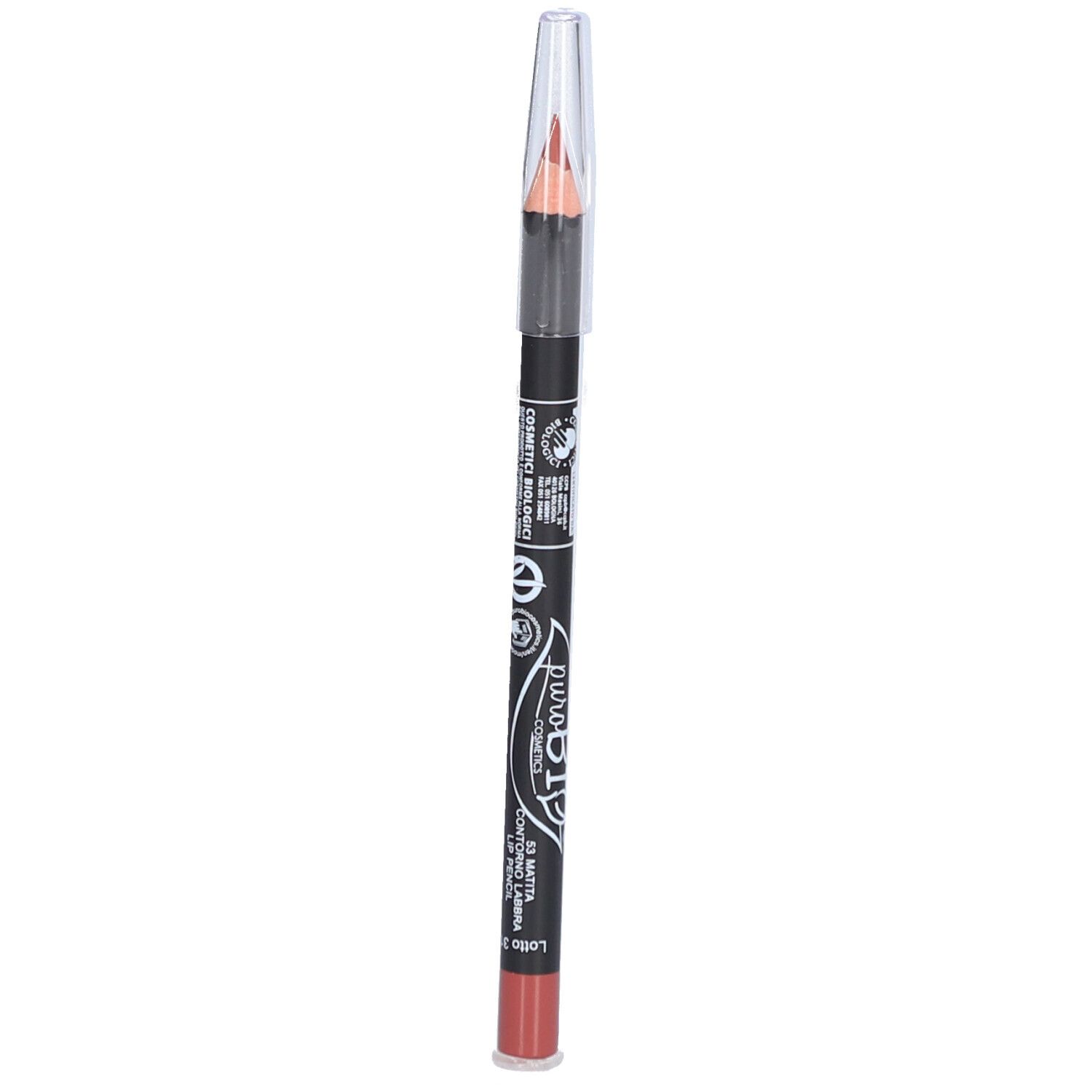 Lipliner met transparante dop. Zichtbaar: merk, kleur. Nude kleurige lipliner, zwarte houder.
