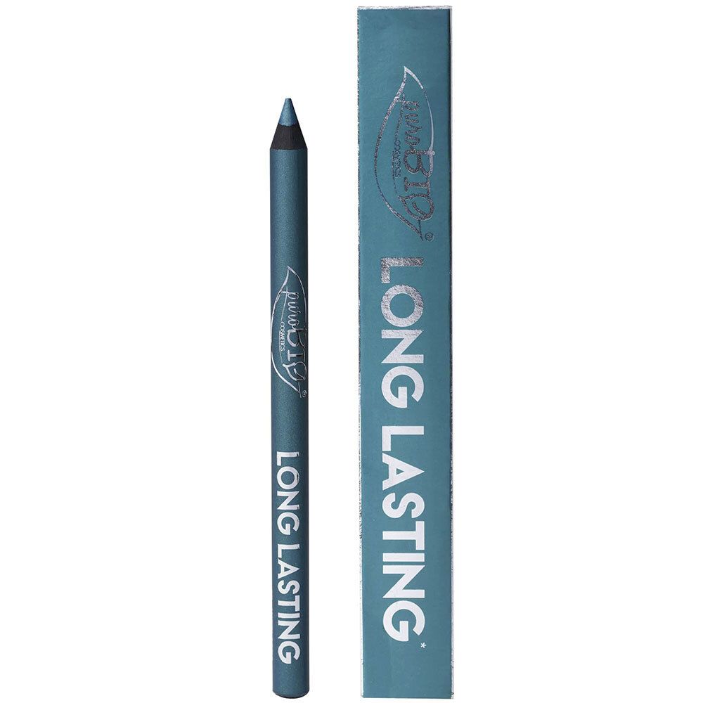 Turquoise oogpotlood en verpakking. Opschrift: Long Lasting.