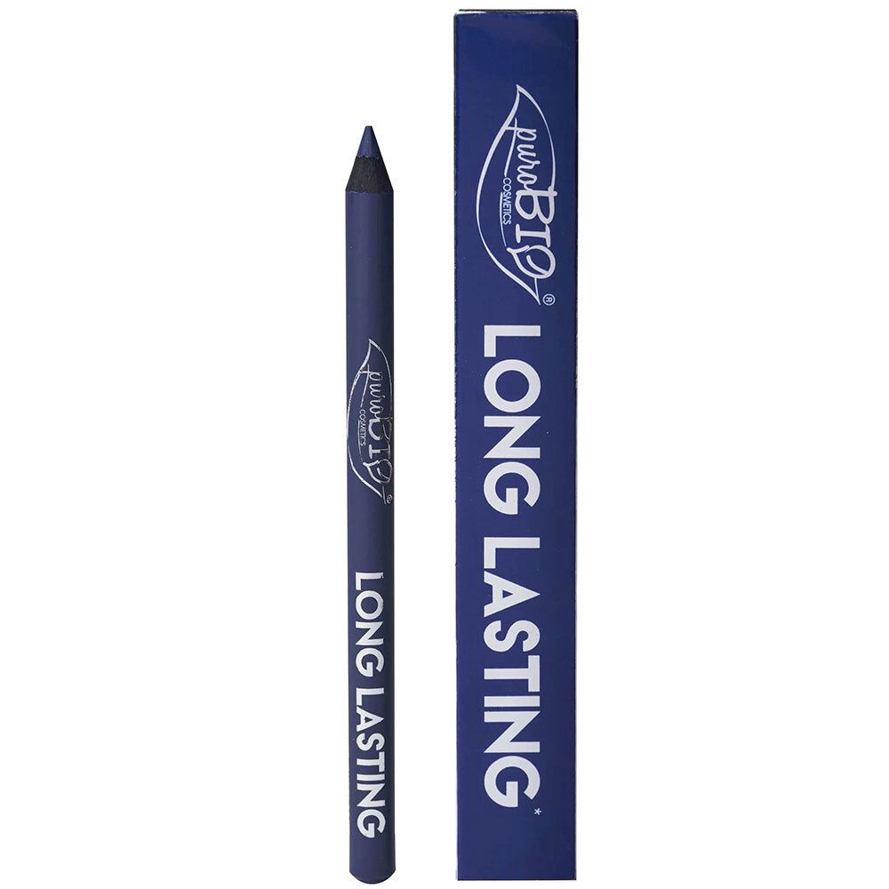 Crayon pour les yeux bleu et emballage. Inscription: LONG LASTING. Marque: puroBIO.