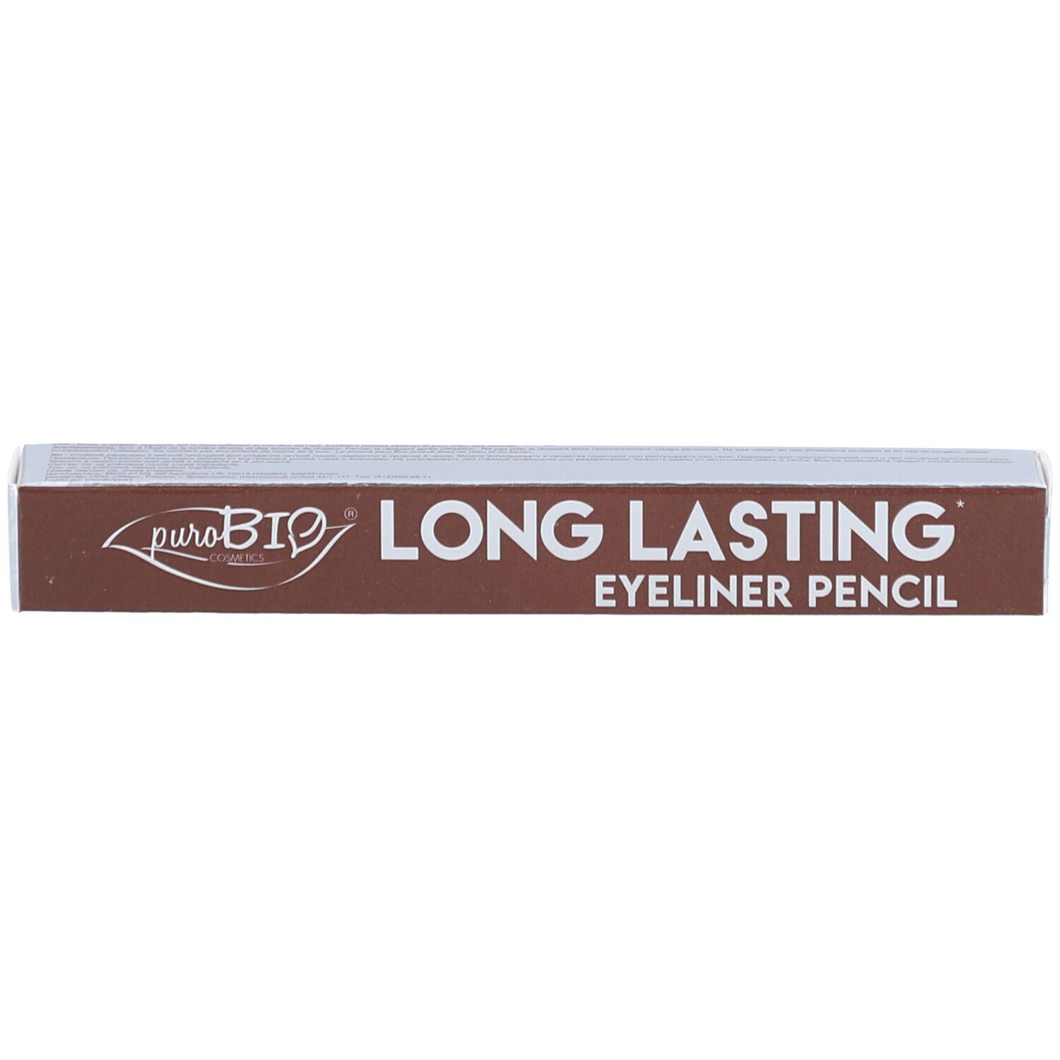 Emballage marron avec texte blanc. Inscription : puroBIO, LONG LASTING EYELINER PENCIL.