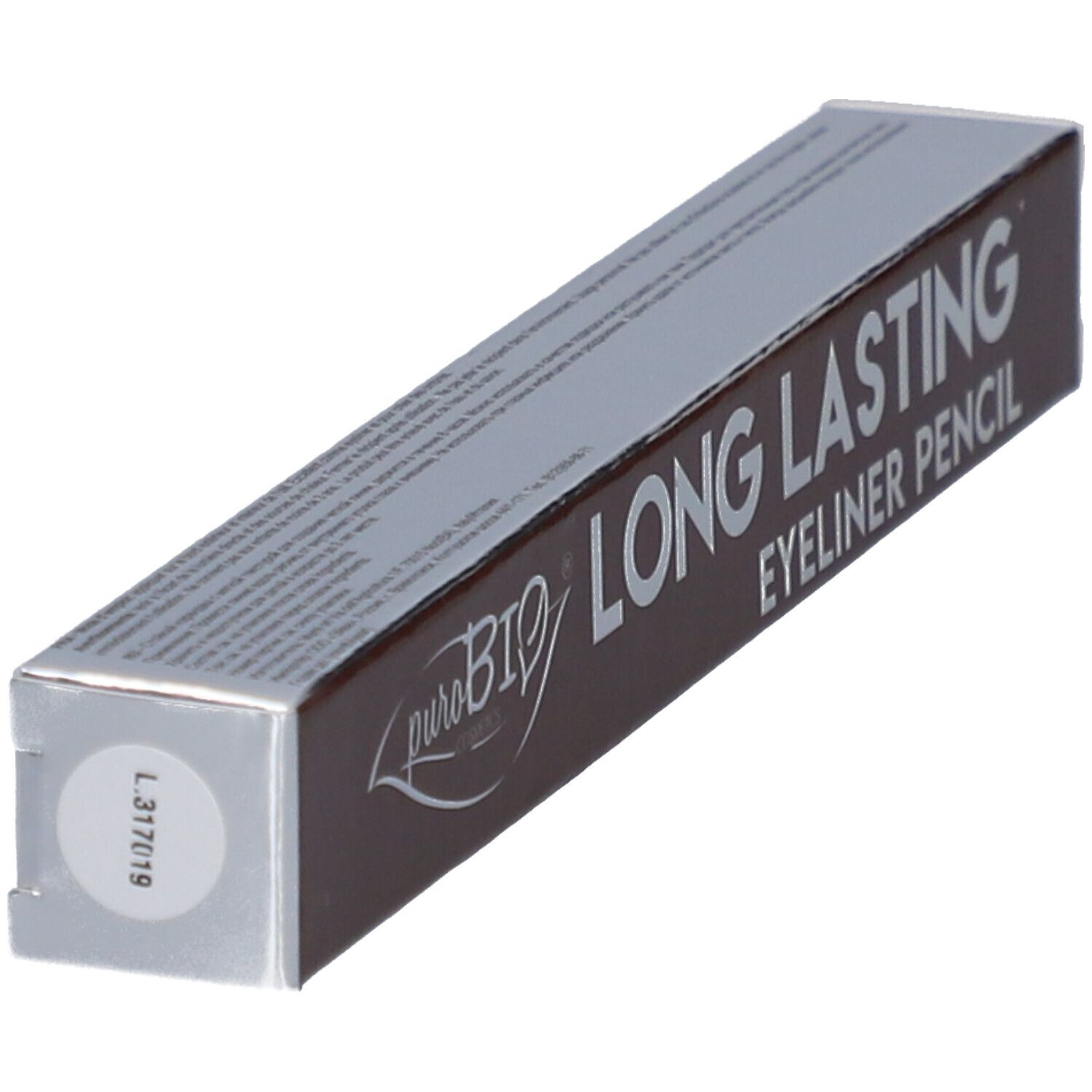 Emballage marron avec texte blanc. Inscription : puroBIO, LONG LASTING EYELINER PENCIL. Autocollant L.377019.