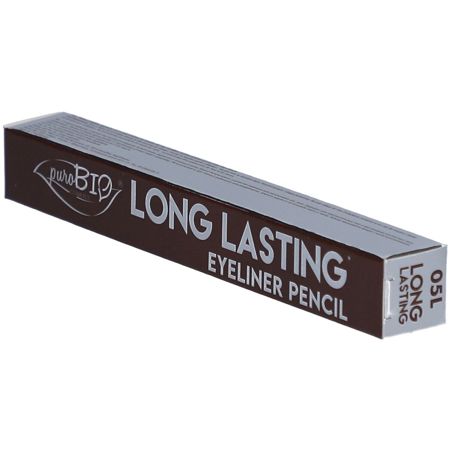 Emballage marron avec texte blanc. Inscription : puroBIO, LONG LASTING EYELINER PENCIL 05L.