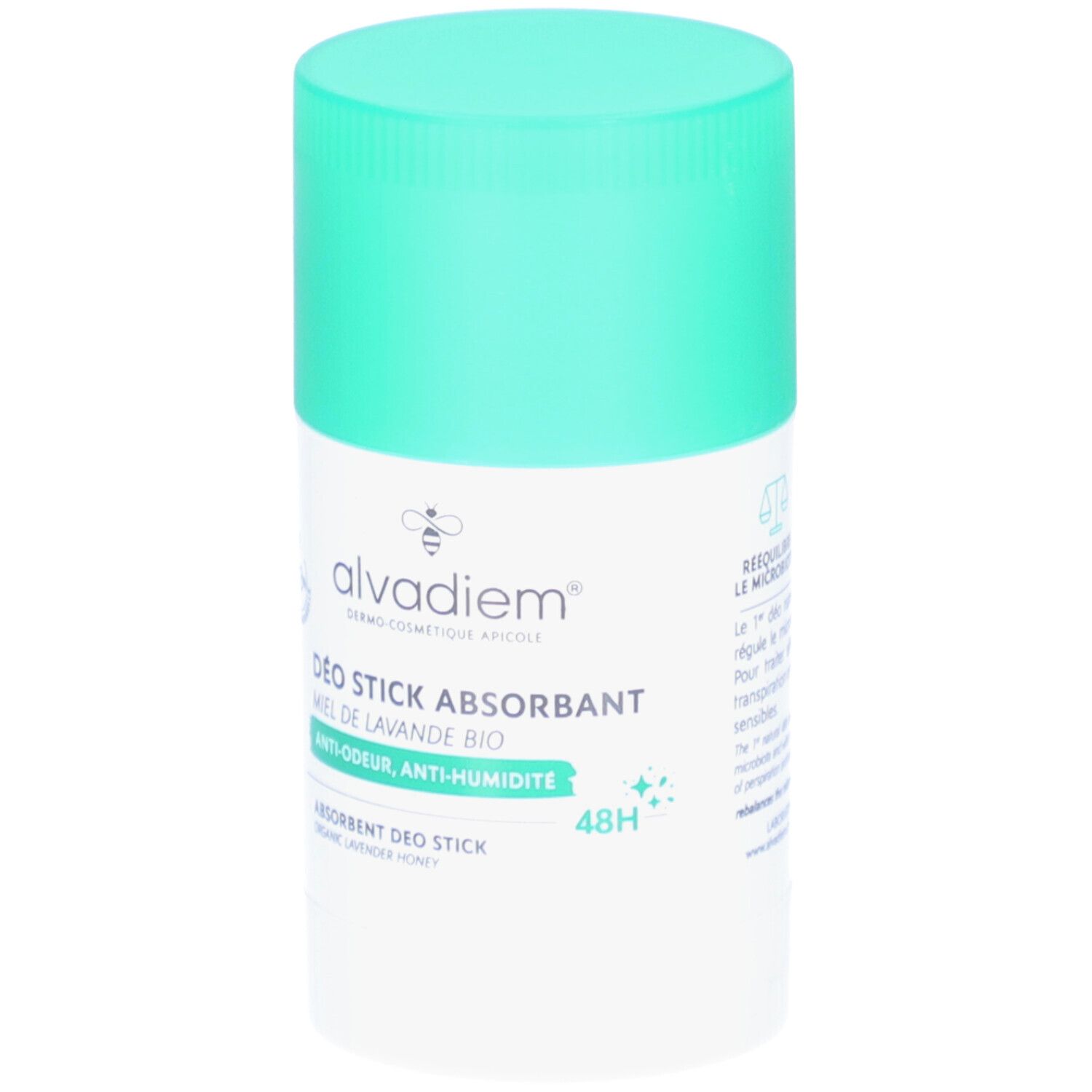 Stick déodorant blanc avec couvercle menthe. Inscriptions: ALVADIEM, Déo Stick Absorbant, miel de lavande, anti-odeur, anti-humidité, 48H.
