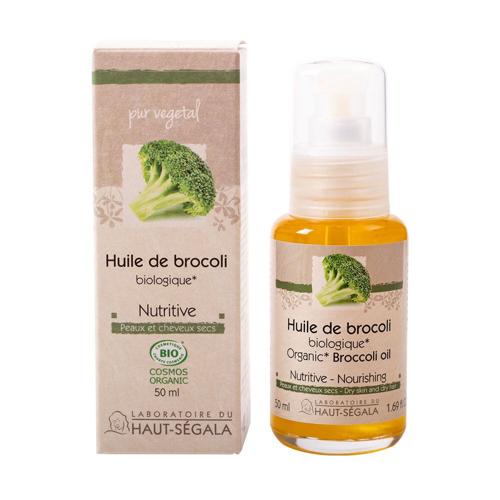 Broccoli-olie fles en verpakking. Opschrift: Huile de brocoli biologique, Nutritive, Peaux et cheveux secs. Bio-label.