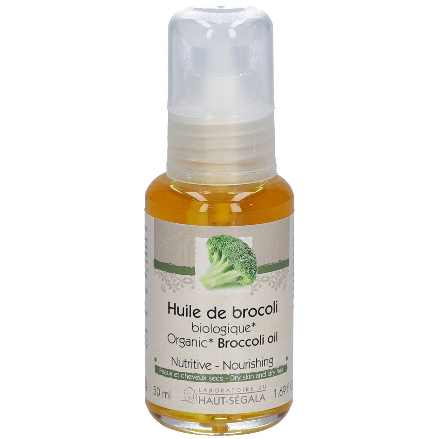 Broccoli-oliefles. Opschrift: Huile de brocoli biologique, Nutritive, Peaux et cheveux secs. Met spraykop.