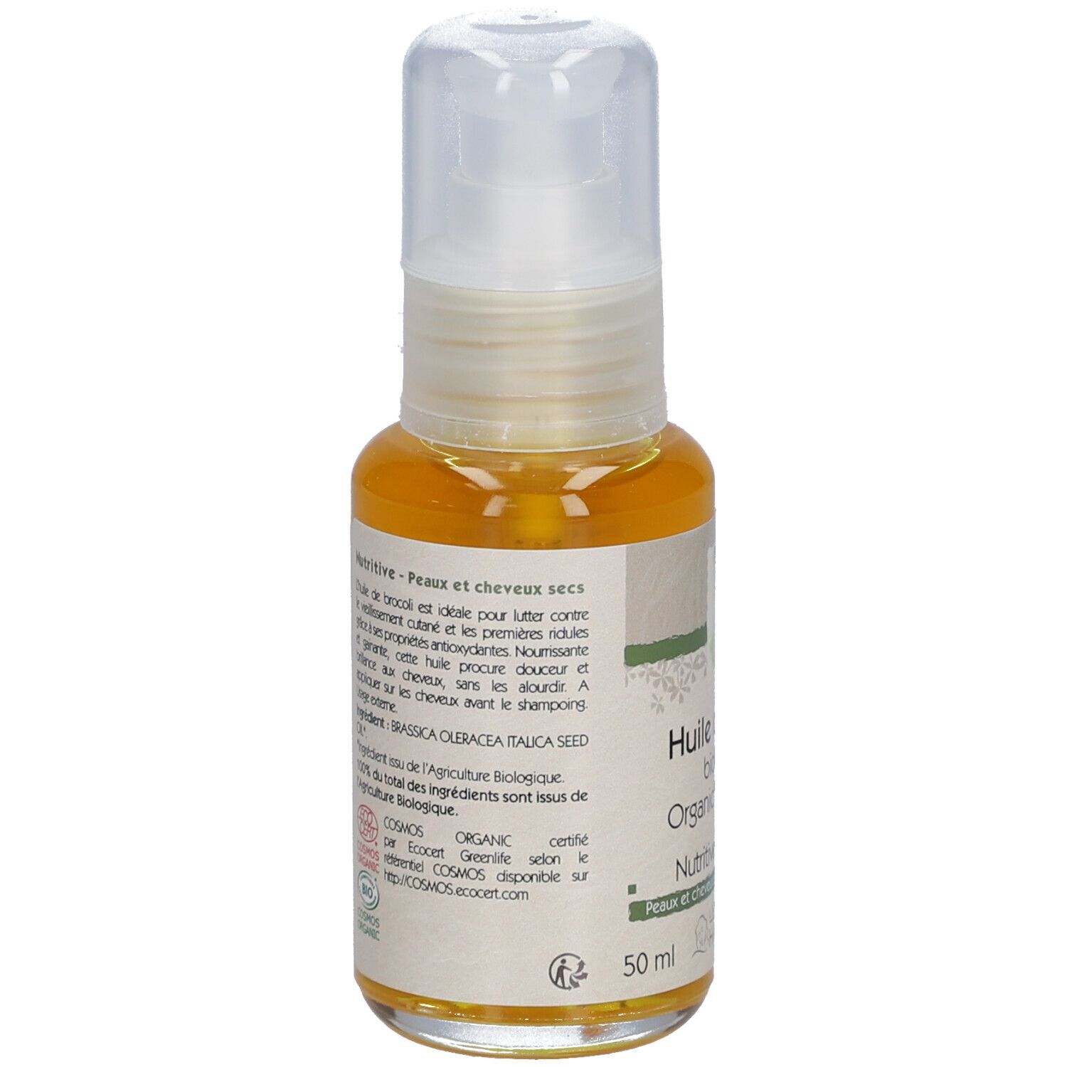 Broccoli-oliefles. Opschrift: Huile de brocoli biologique, Nutritive, Peaux et cheveux secs. Met spraykop.