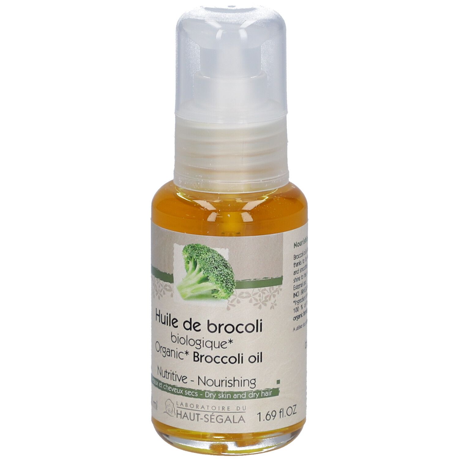 Broccoli-oliefles. Opschrift: Huile de brocoli biologique, Nutritive, Peaux et cheveux secs. Met spraykop.