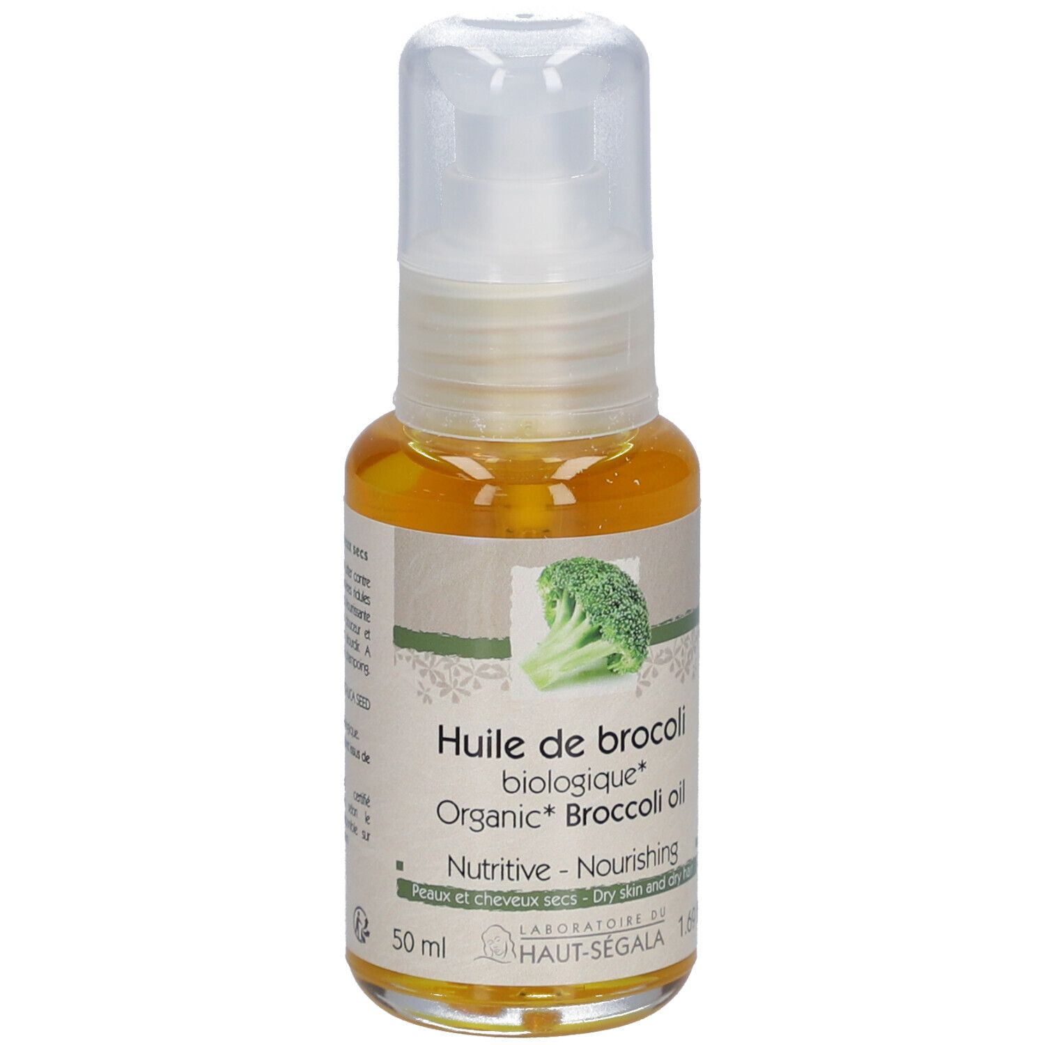 Broccoli-oliefles. Opschrift: Huile de brocoli biologique, Nutritive, Peaux et cheveux secs. Met spraykop.
