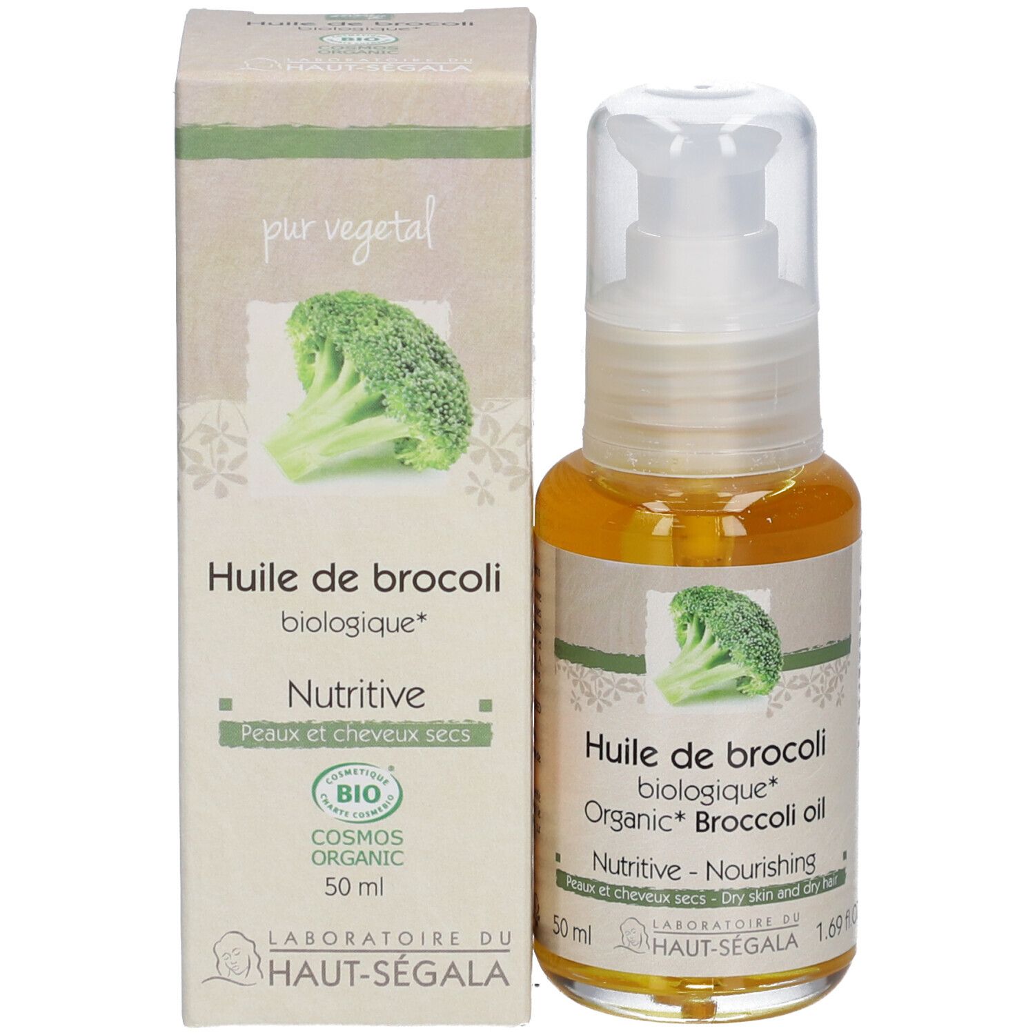 Broccoli-oliefles. Opschrift: Huile de brocoli biologique, Nutritive, Peaux et cheveux secs. Met spraykop.