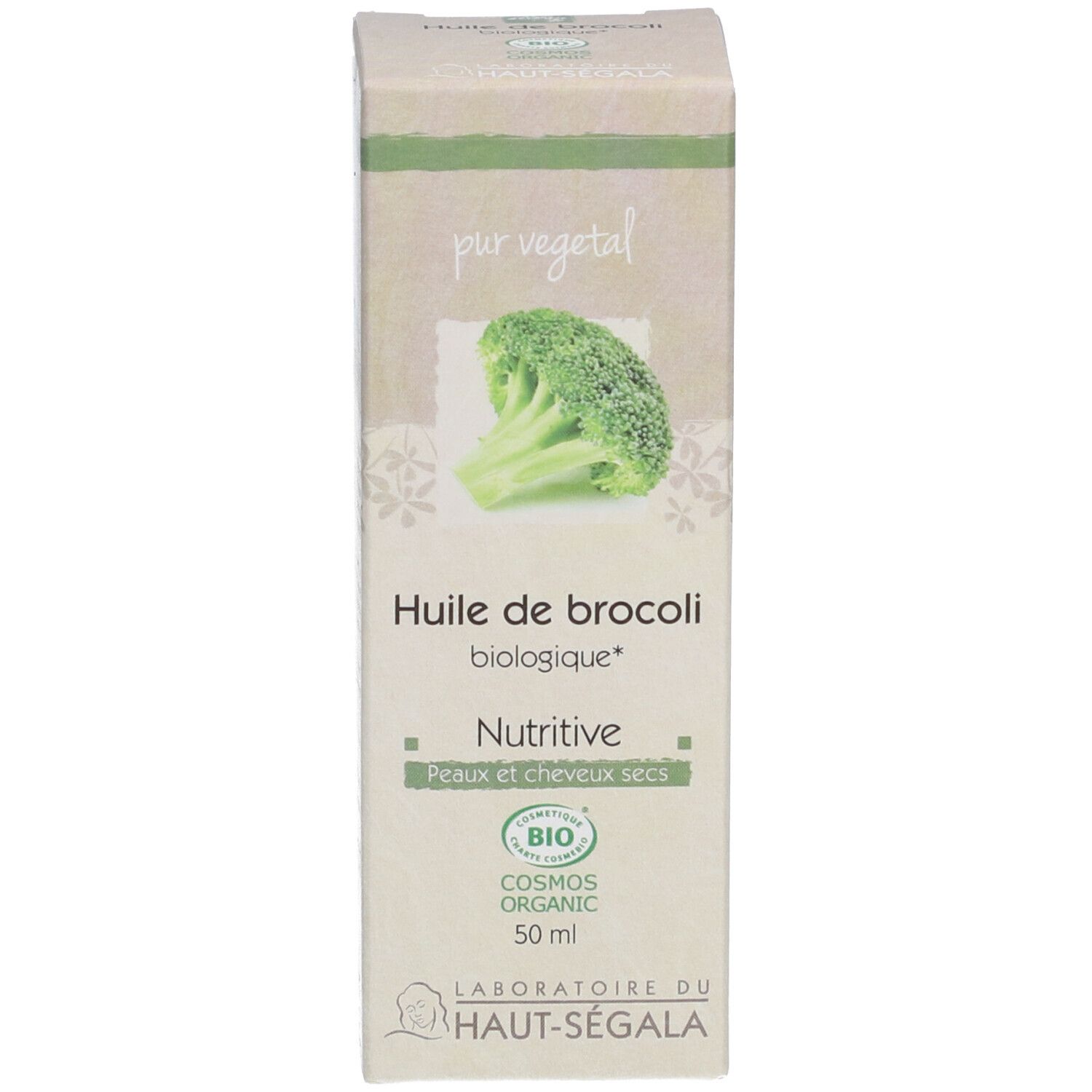 Broccoli-olie verpakking. Opschrift: Huile de brocoli biologique, Nutritive, Peaux et cheveux secs. Bio-label.