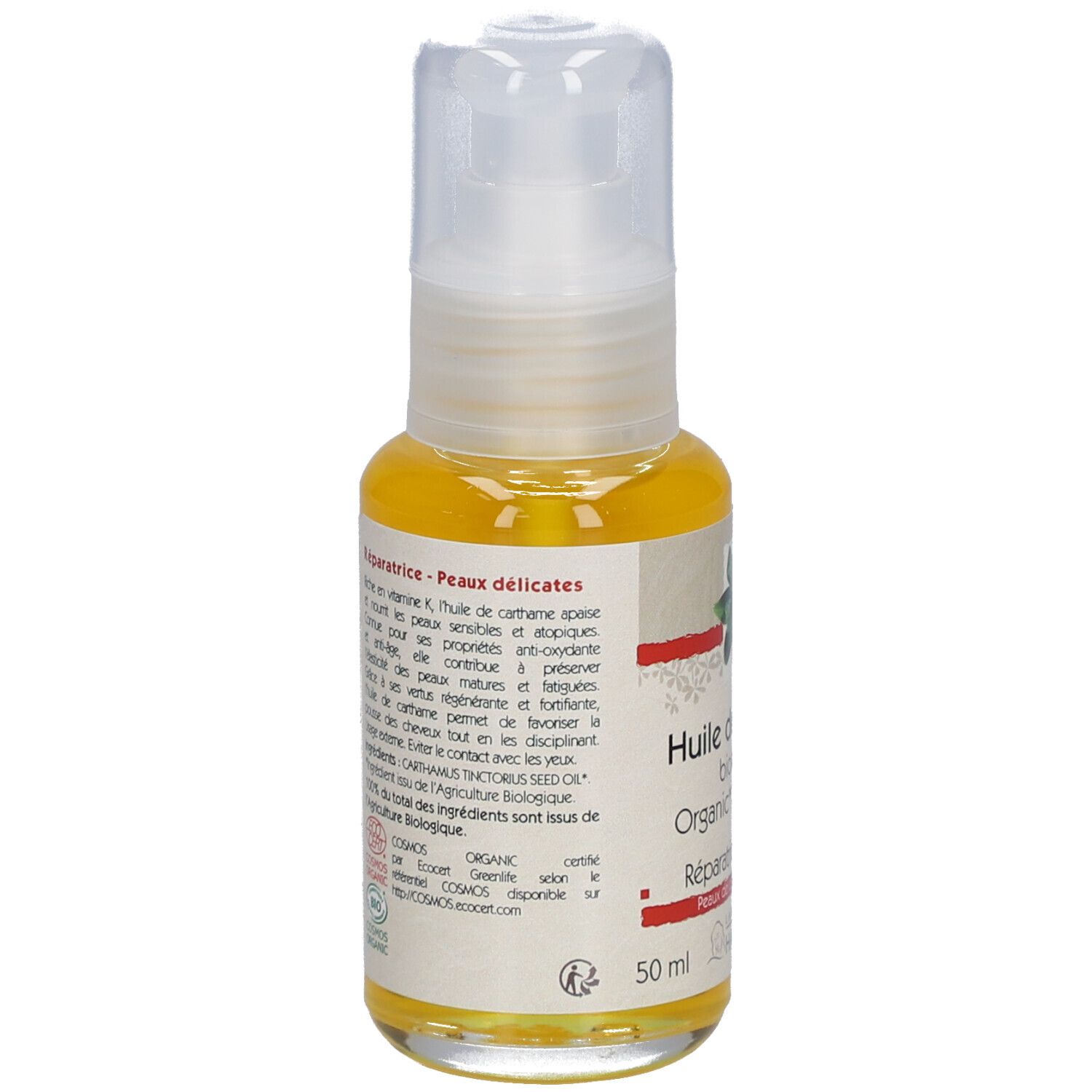 Achterkant van het flesje biologische saffloerolie. Opschrift: Réparatrice, Peaux délicates. Bio-label.
