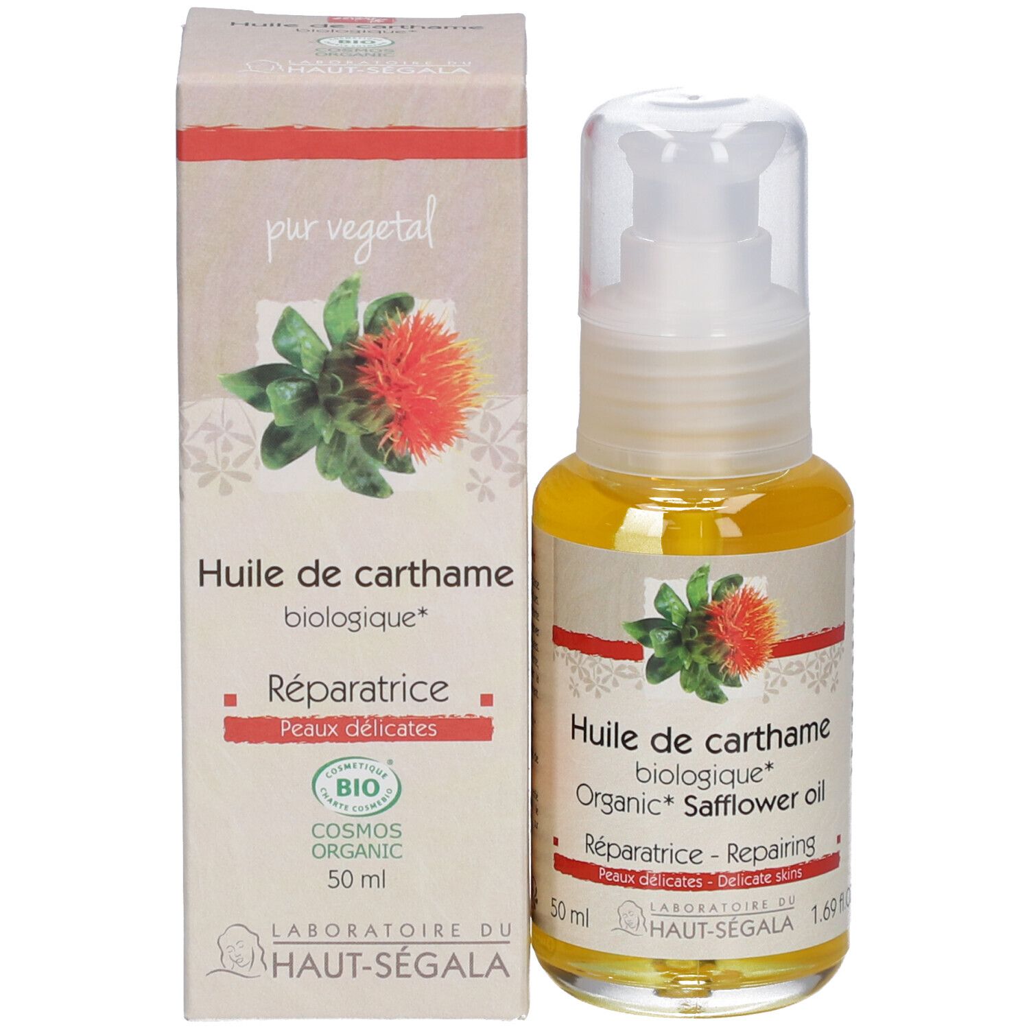 Flesje en doosje biologische saffloerolie. Opschrift: Réparatrice, Peaux délicates. Bio-label.