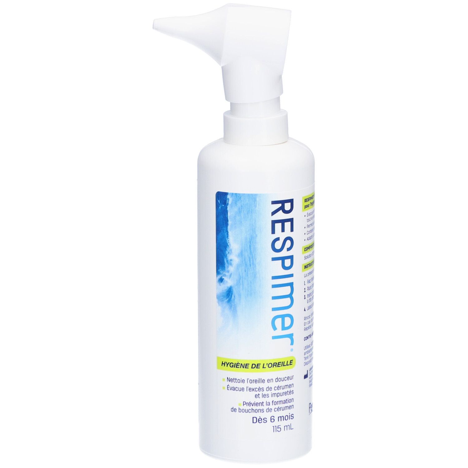 Spray RESPIMER blanc pour l'hygiène des oreilles avec embout. Étiquettes bleues et blanches avec texte. Bouteille debout.