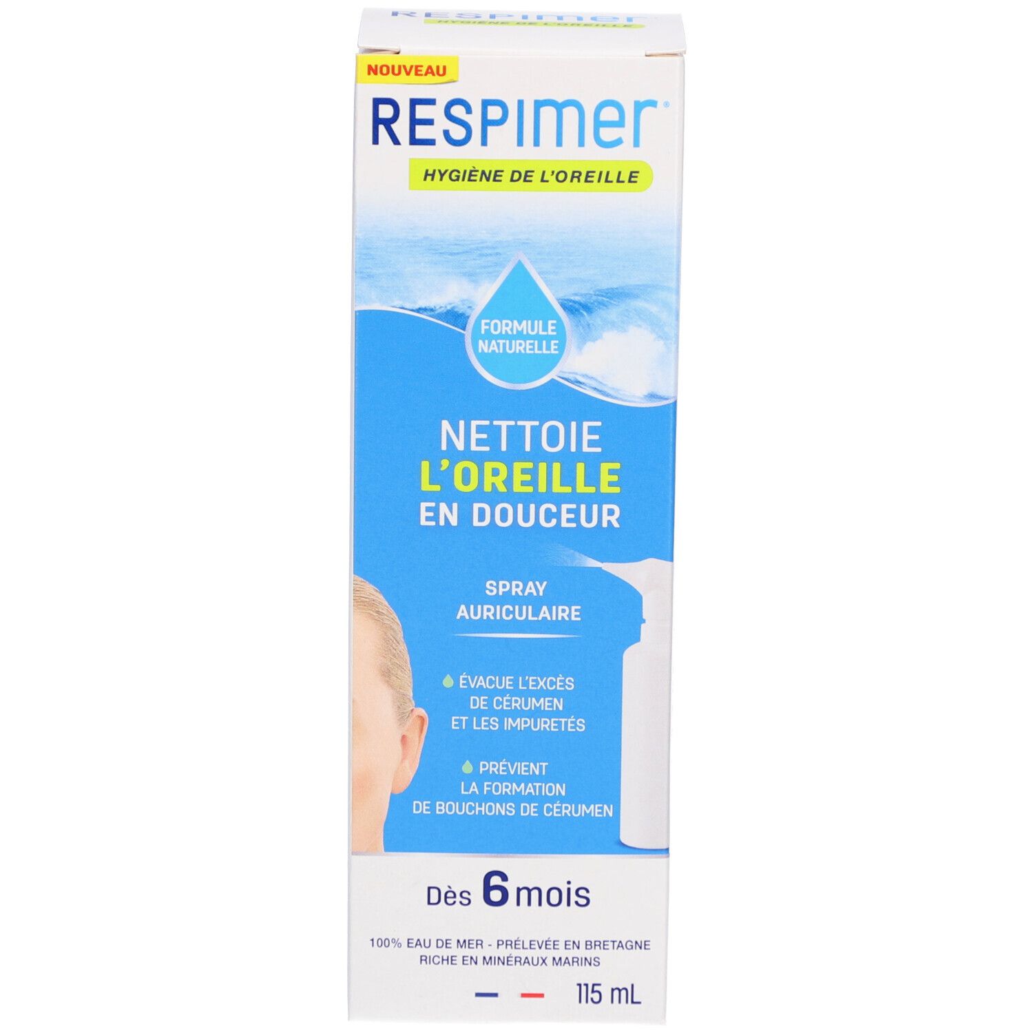 Boîte avec spray RESPIMER. Image du produit et texte sur l'emballage. Logo Nouveau. Couleurs bleues et blanches.