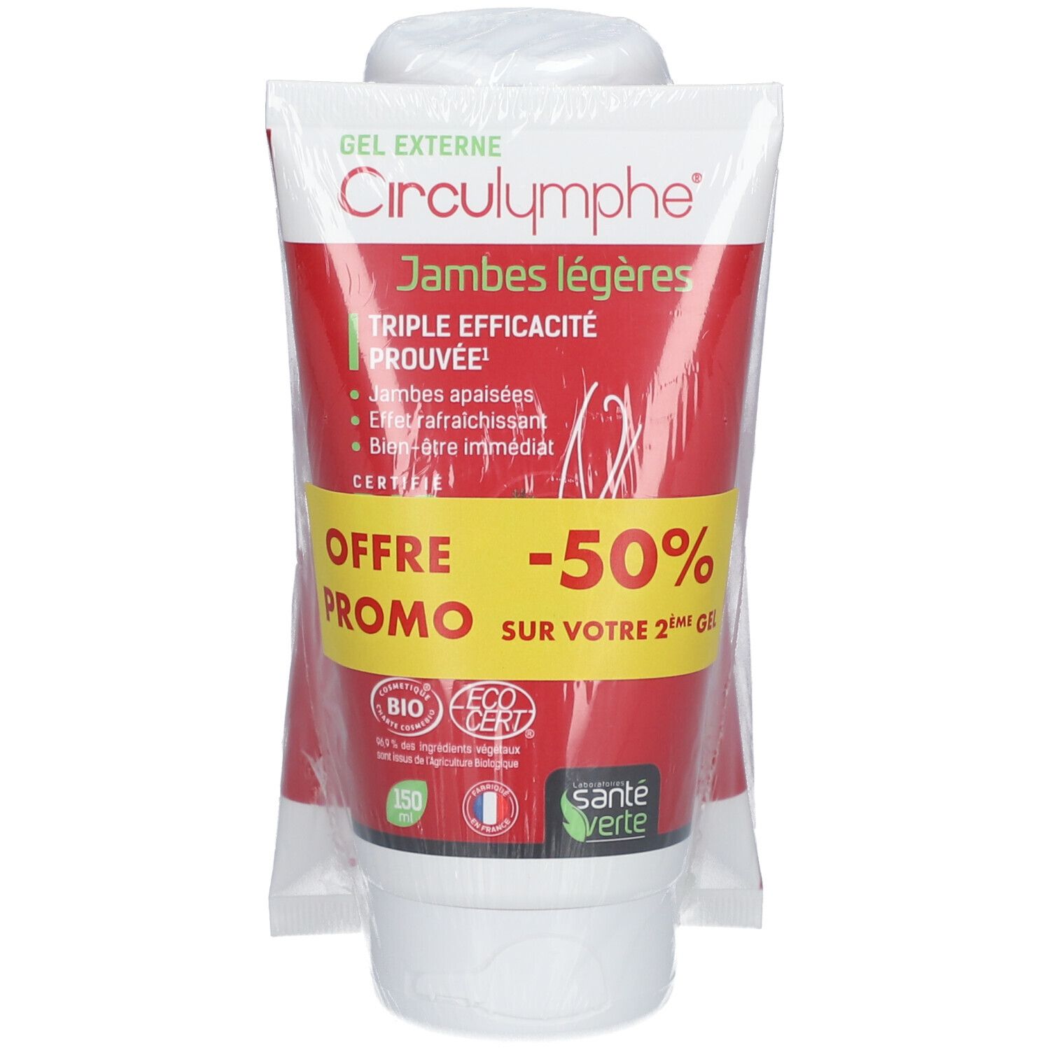 Rode en witte gel tube CIRCULYMPHE® JAMBES LÉGÈRES, in plastic verpakt. Tekst: « Triple efficacité prouvée ».
