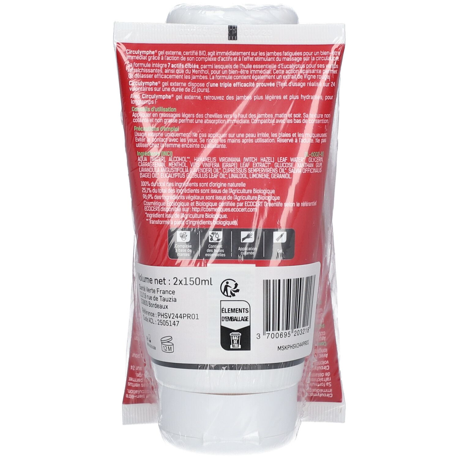 Achterkant van de gel tube CIRCULYMPHE® JAMBES LÉGÈRES. Tekst en informatie over de samenstelling en het volume.