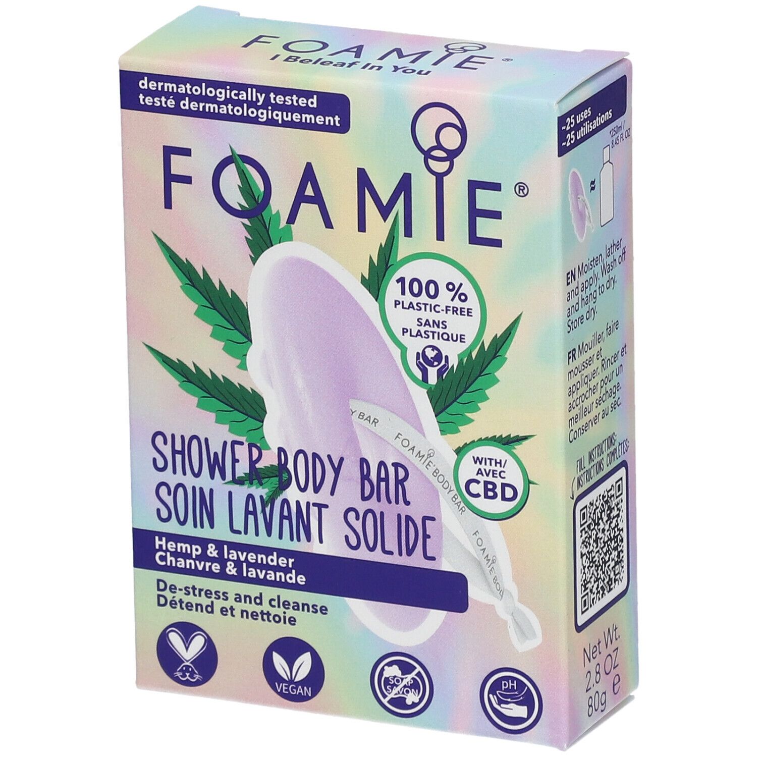 Verpakking van FOAMIE douche bar. Hennep en lavendel. Veganistisch, plasticvrij. Met CBD.