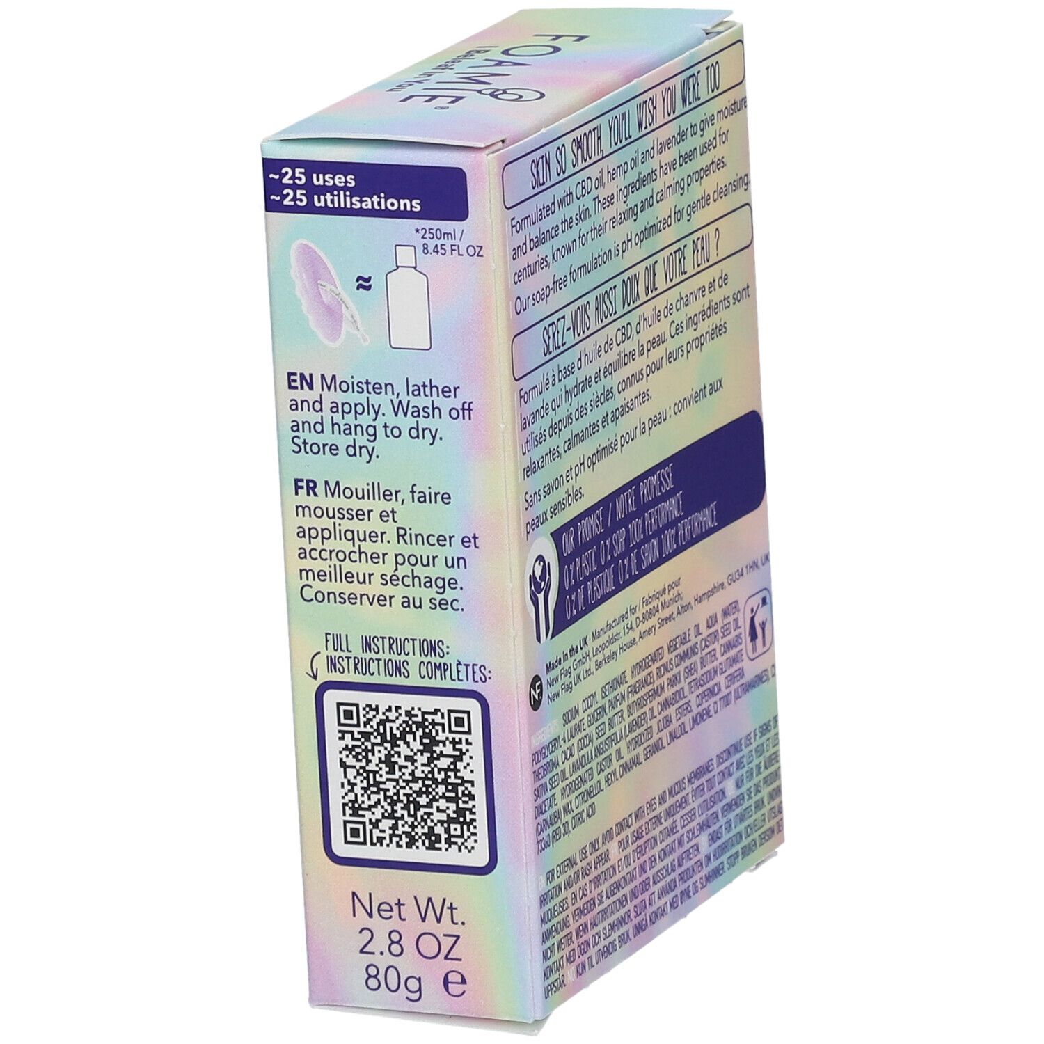 Verpakking van FOAMIE douche bar. Gebruiksaanwijzing. Hennep en lavendel. 80g.