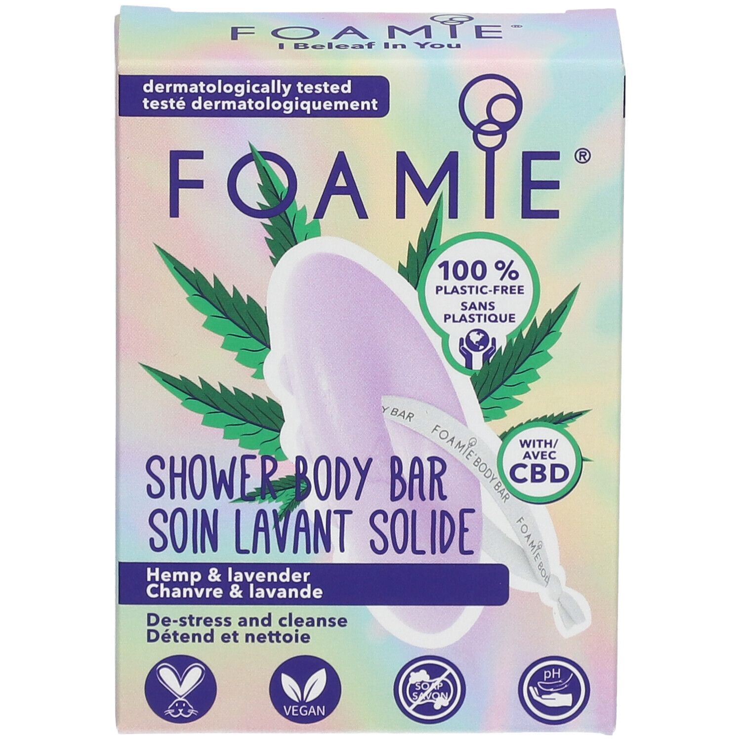 Verpakking van FOAMIE douche bar. Hennep en lavendel. Veganistisch, plasticvrij. Met CBD.